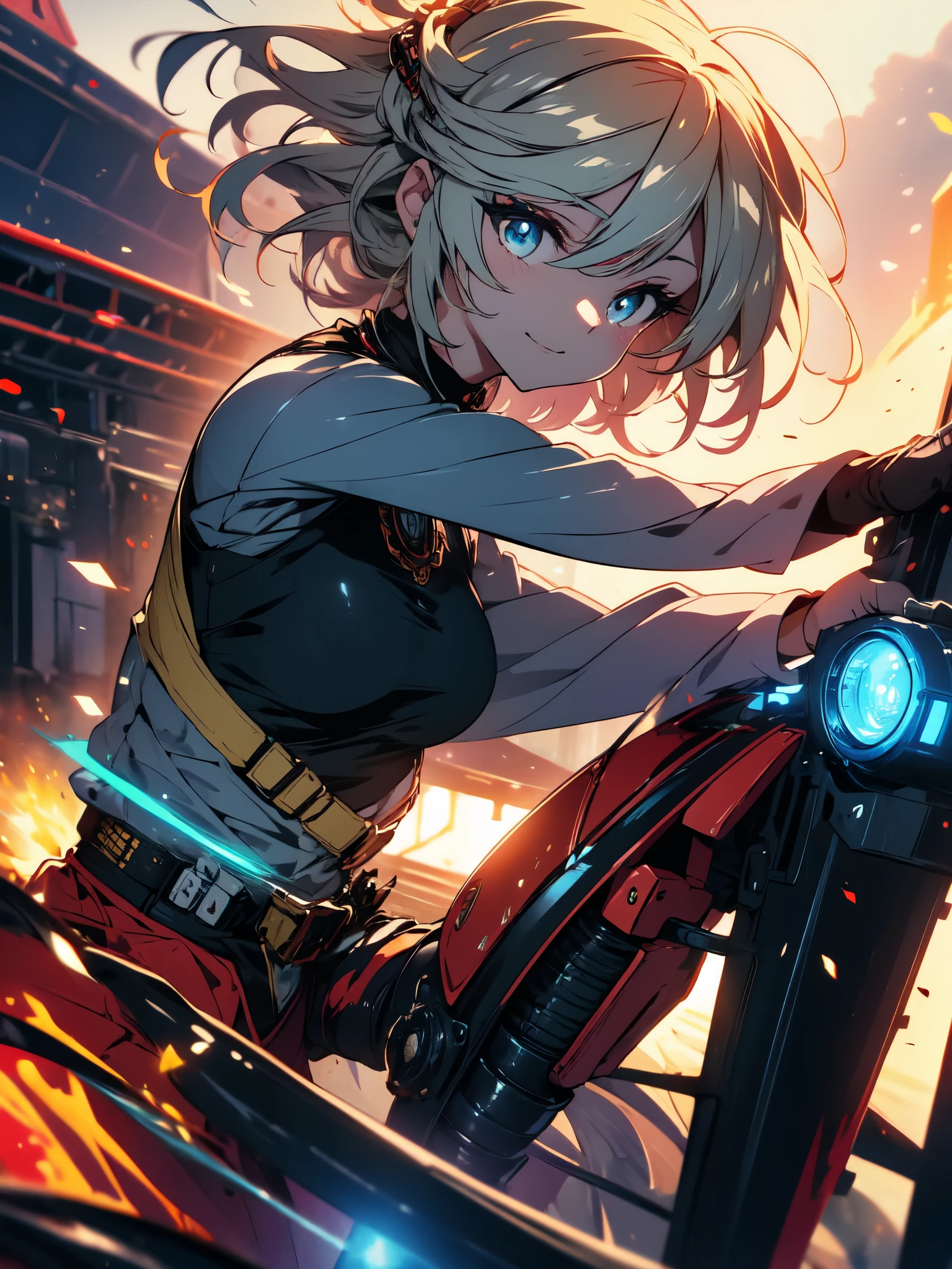 ((((masterpiece)))), expensive quality, very_expensive_solve, big_file size, full color, Steampunk featuring futuristic planets,, big規模の都市中で, Bustling foreigner market, and off-road bike. The main character is a beautiful girl with a beautiful upper body., short blonde hair, and a silvery smile., mechanized weapons. wearing a white tank top, Damaged Denim Shorts, Engineer boot, and off-road bikeに乗って. beautiful anime