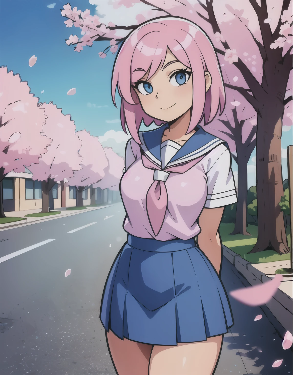 , pink hair, small breasts, (wide hips:1.2), standing, smile, school uniform, blue miniskirt, hands at sides, looking at viewer, outside, near tree, arms behind back, (road:0.6), pov, looking at viewer, facing viewer, perfect eyes, blue eyes, cherry blossom