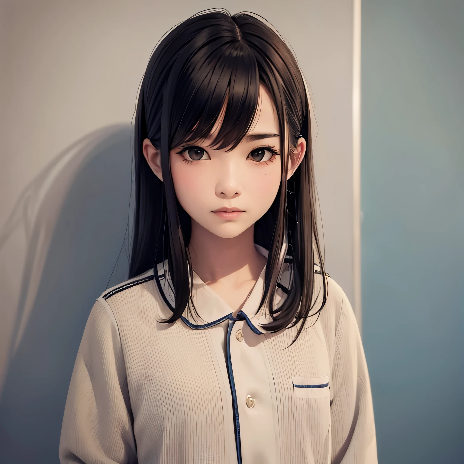 Retrato de uma de 15 anos, com uniforme escolar, cabelos longos e castanhos, with Asian characteristics
