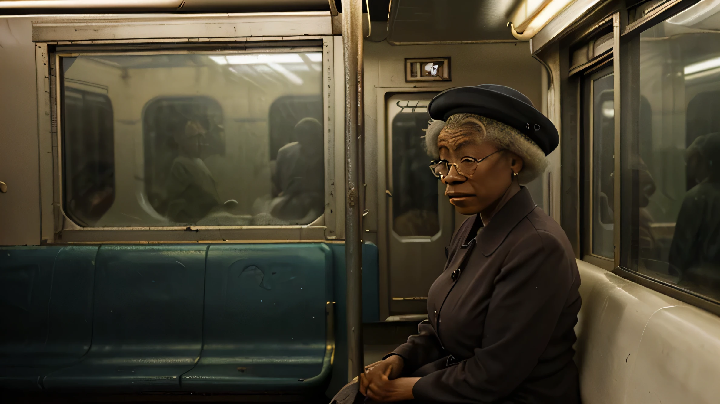 edward hopper style, very old african american lady riding on a vintage subway train, looking out the window, night time