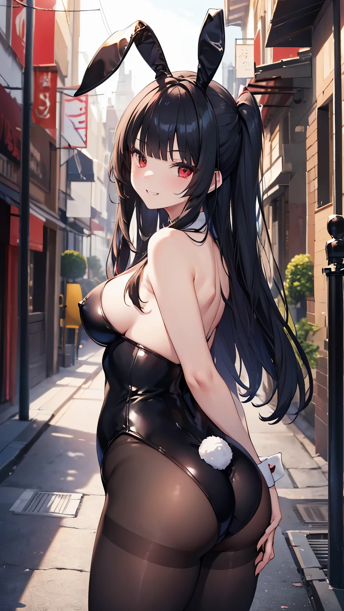 (8K、Highest image quality、highest quality、masterpiece)、detailed face、1 girl、black hair、long hair、blunt bangs、hime cut、red eyes、evil smile、((grin))、((big breasts))、((red playboy bunny))、shiny、((black pantyhose))、((thick waist))、cowboy shot、Back alley background at night