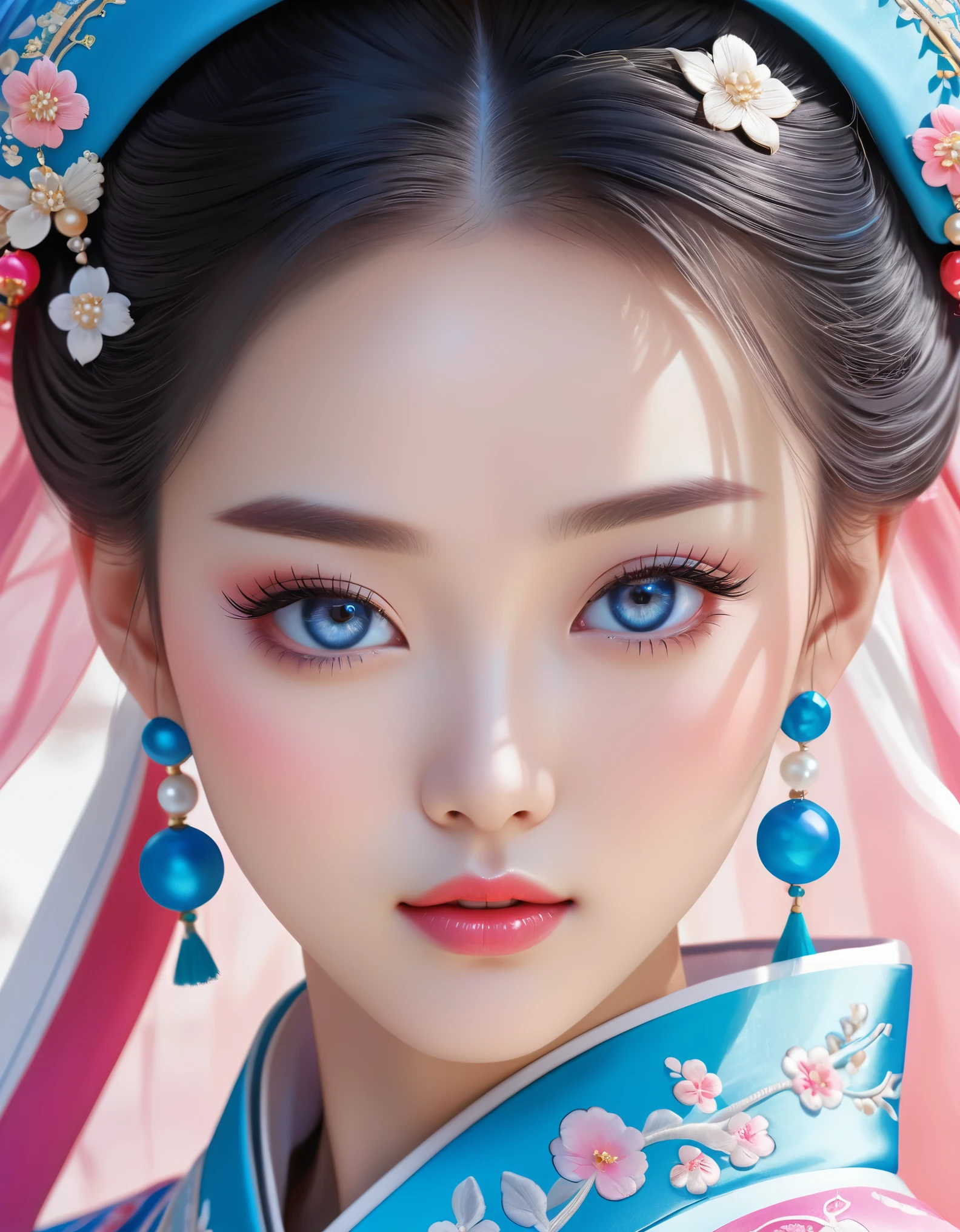 Flying veil covers beautiful Chinese girl's face, pearl earrings, long eyelashes and pink lips, close-up of face, clean face, round chin, blue eyes, blue hanbok with embroidery, white background.
Graphic Illustration, 3D Rendering, Bright colors and fine details, as illustration poster, in 2d game art style, color corrected, HD, 32K ,niji