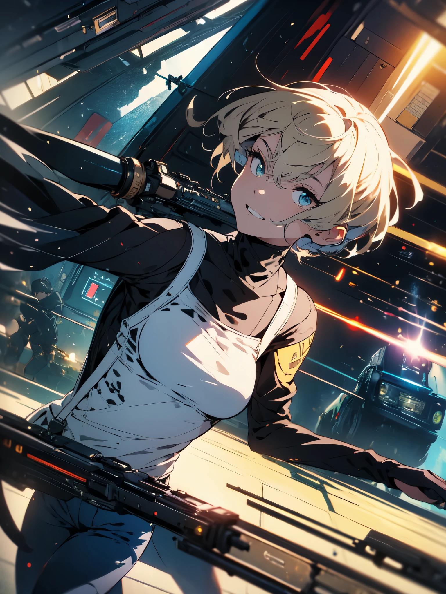 a handsome girl, 15yo, solo,
blond hair, asymmetrical bob, blue eyes, bright eyes,
cyber punk black jacket, tank top, goggles on head,
off shoulder, open jacket, black shorts, garter rings, black tights,
expressionless, one hand on hip,
blurry background, perfect lighting, perfect angle, masterpiece, best quality, extremely detailed face,