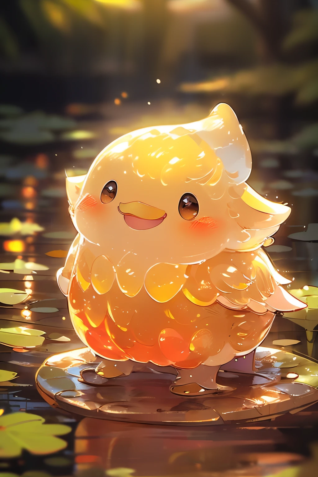 (Adorable), (), (Little Duckling),
Masterpiece, highres, high Quality, cute, detailed feathers, fluffy tail, big round eyes, yellow beak, quacking, (waddling), (playful), (in a pond), (surrounded by lily pads), (wearing a red bow on its head), (holding a piece of bread in its beak), (looking up at the user with a curious expression).