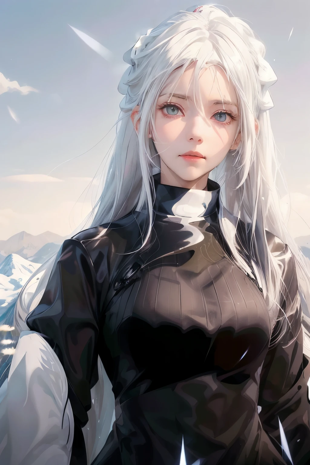 anime girl with long white hair and black outfit standing in front of a mountain, perfect white haired girl, white haired, white haired deity, white haired lady, girl with white hair, white-haired, official art, anime style like fate/stay night, silver hair (ponytail), tifa lockhart with white hair, ray of light through white hair, female anime character