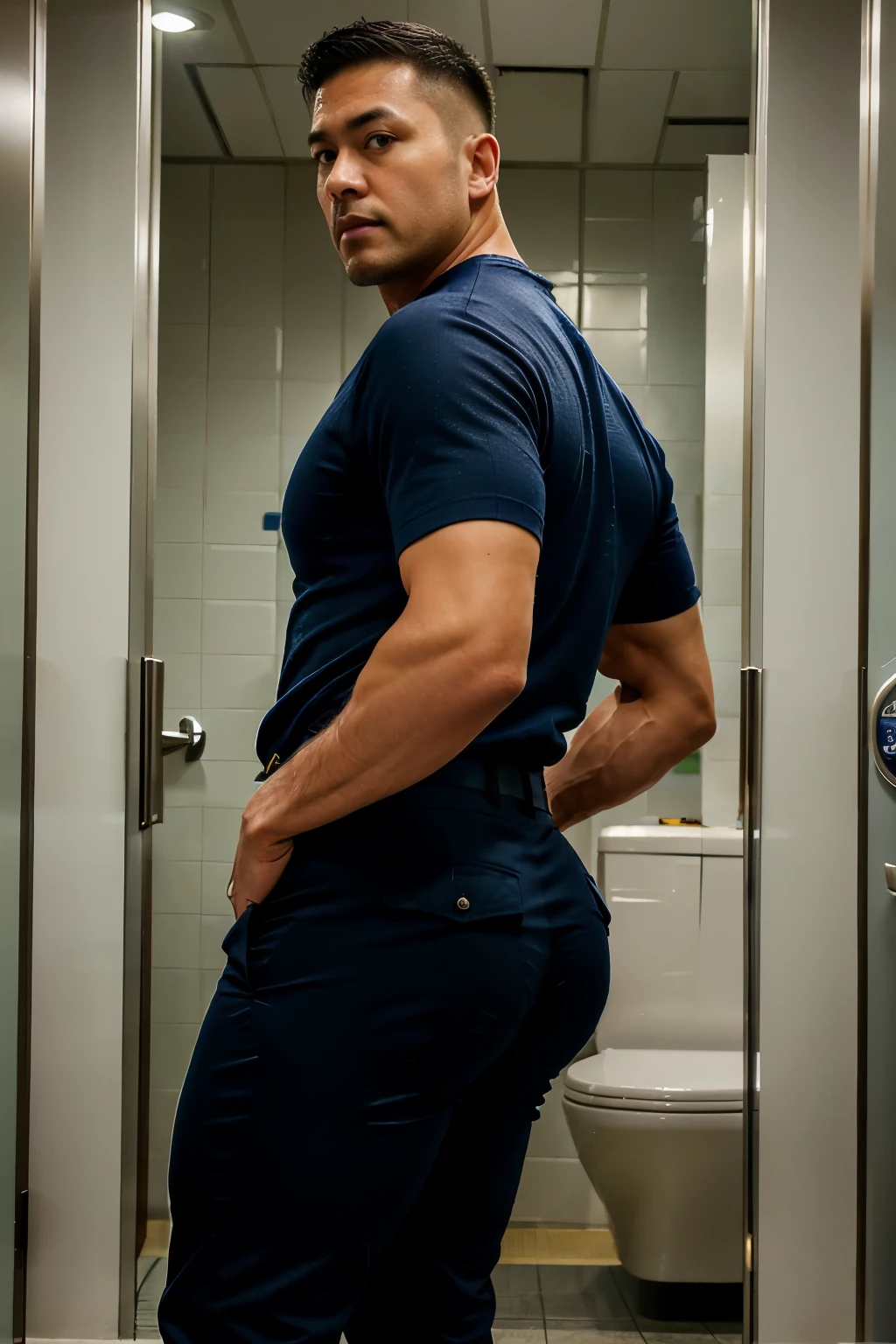 40-year-old boy ,Japanese bulky male officer ,Wear navy blue police uniform shirt and police boots............... pants pull down to knee,, sexy underwear brief, obvious underwear print ,((unrealistic super big tight butt wearing pants)), hairy muscular big butt,....................standing in front of mirror,,,,,,reflection shows big bulge in between his legs, turn back to look at the camera,, big thights, (Embossed Focus:1.2),On your knees........................., empty toilet cubicle at night, Best qualtiy , Wide lens from far ,deep depth of field ,Bokeh background
