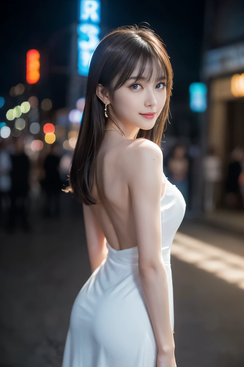 8k, masterpiece, RAW photo, highest quality, realistic, Extreme Detail CG Unity 8K Wallpaper, Depth of written boundary, cinematic light, Lens flare, ray tracing, (very beautiful face, beautiful lips, beautiful eyes), face with intricate details, ((ultra detail skin)) 1 girl, dark in, ((China dress))
1 girl, (very slender and muscular body:1.3), ((look up at the audience)),(smile:1.2), (midnight, dark night, (neon sign), (blurred background), faint light), (no people in the background.:1.3), beautiful earrings, Wristband, necklace, pantyhose, clear eyes, walk , front shot, (white skin), (Big eyes), facing forward, ((return)), ((from behind))(buckshot),(full body shot), (light brown hair), very slim, medium breasts,