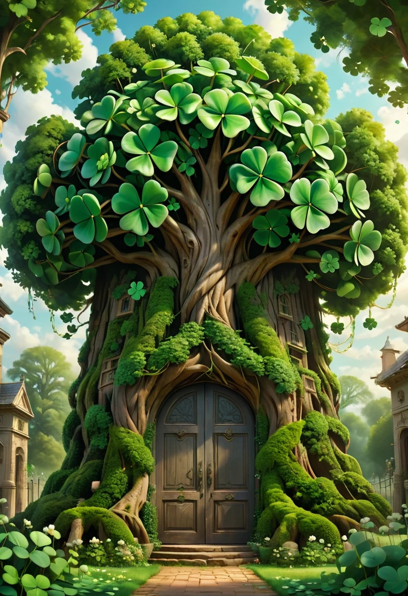 Symmetry, A colossal four-leaf clover tree stands tall, a door At the base of this magical tree, (best quality, masterpiece, Representative work, official art, Professional, high details, Ultra intricate detailed:1.3)