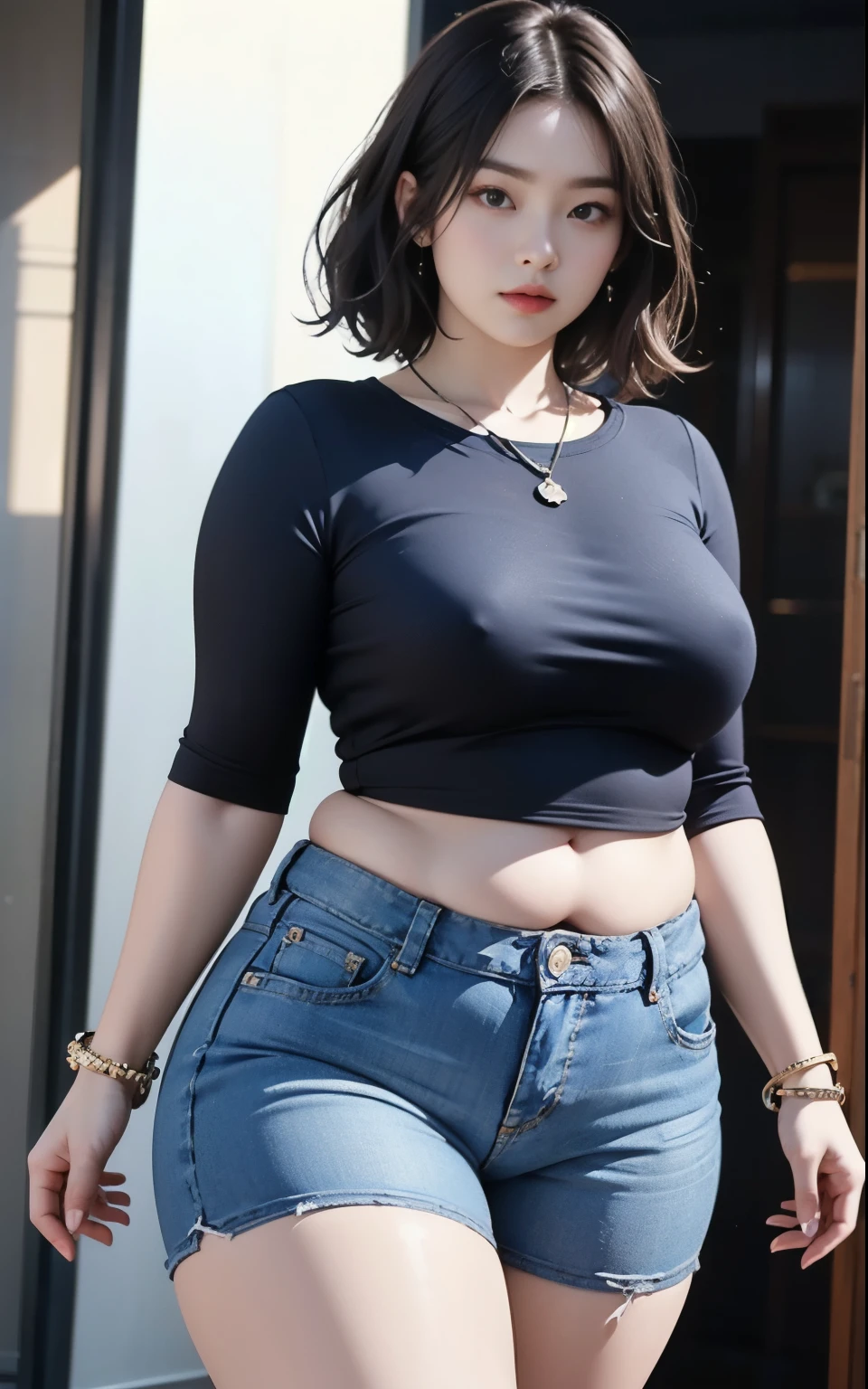 ((best quality)), ((masterpiece)), (detailed), perfect face, araffe woman in a dark-blue shirt and blue denim skirt walking down a dark room, thicc, she has a jiggly fat round belly, bbwchan, wearing tight simple clothes, skinny waist and thick hips, widest hips, her belly is fat and round, soft curvy shape, hyperrealistic full figure, wearing a cute top, wide hips, wearing 10 bracelet , wearing huge diamond necklace , watch, wavy short hair