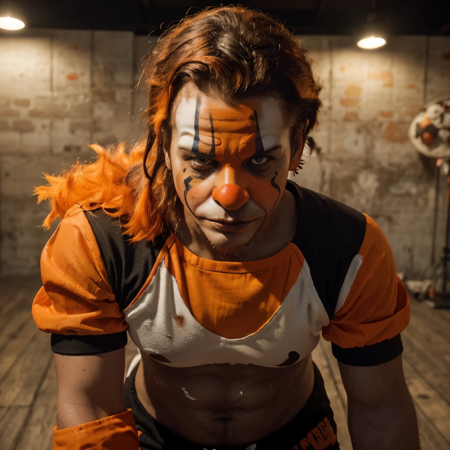 (fre fire bone,clown face paint,black mask,orange prisoner shirt,orange shorts,white flip-flops),(best quality,4k,8k,highres,masterpiece:1.2),ultra-detailed,(realistic,photorealistic,photo-realistic:1.37),illustration,colorful,studio lighting