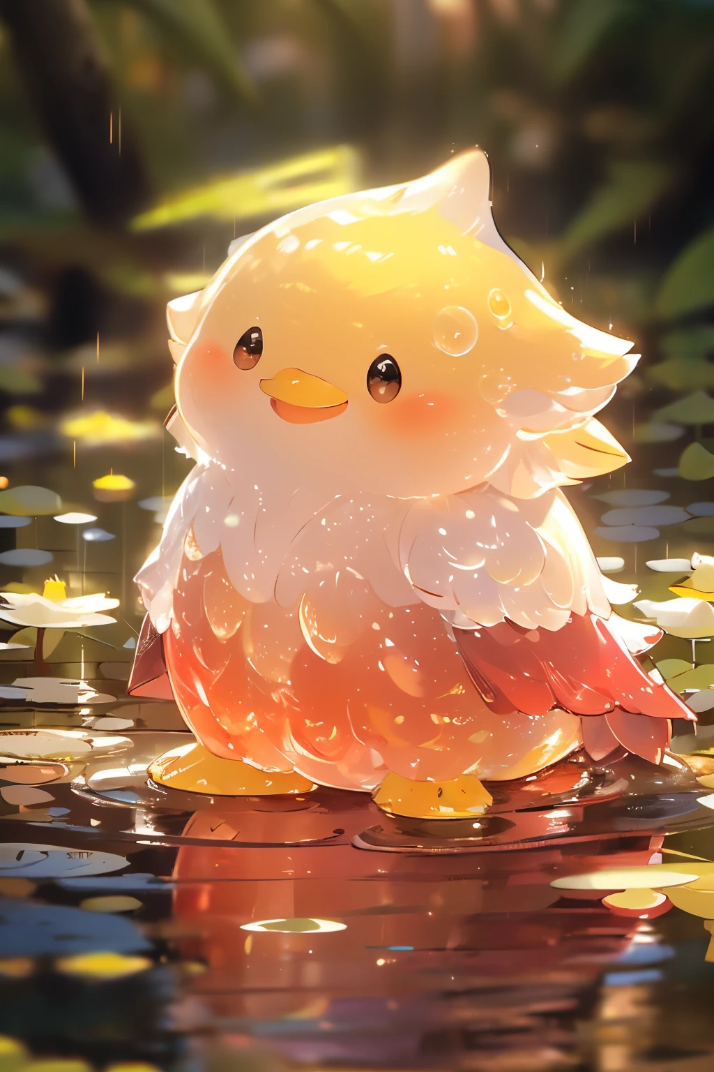 (Adorable), (), (Little Duckling),
Masterpiece, highres, high Quality, cute, detailed feathers, fluffy tail, big round eyes, yellow beak, quacking, (waddling), (playful), (in a pond), (surrounded by lily pads), (wearing a red bow on its head), (holding a piece of bread in its beak), (looking up at the user with a curious expression).