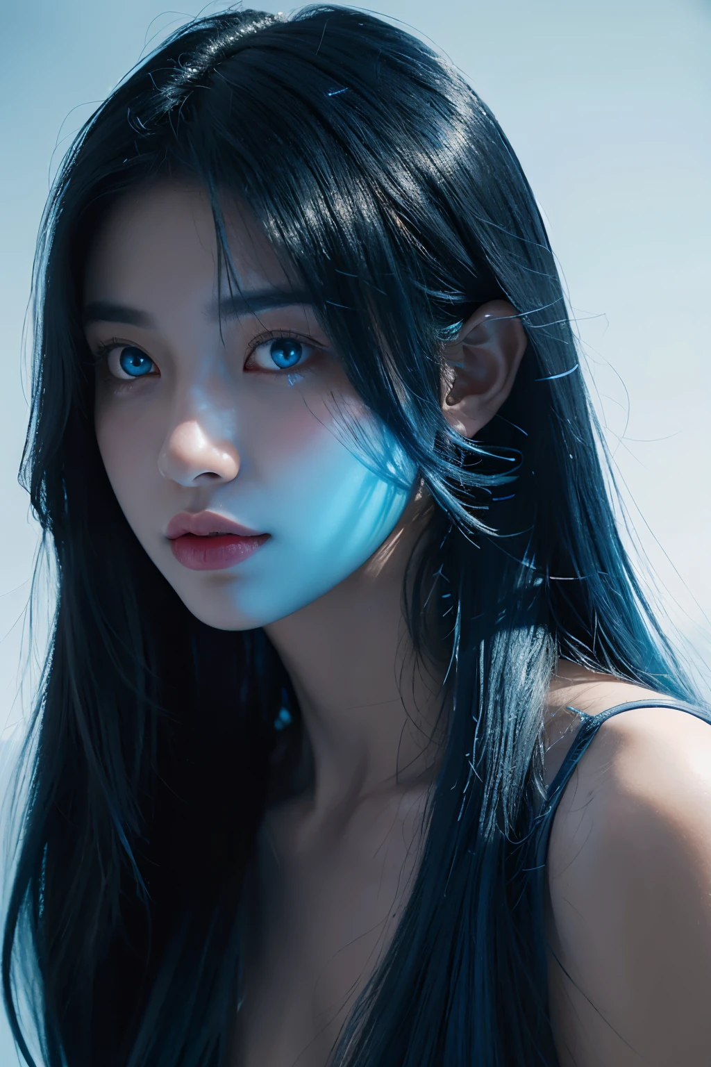 Best quality at best,Perfect masterpiece,Perfect artwork,official works,8K,(portrait of upper body:1.5),(looking aside:1.5),Close-up shot,Blue long-haired girl,(lightblue hair:1.3),(Blue transparent glowing eyes:1.5),merfolk,the ocean,(with black background:1.3),k hd,detail representation,c4d,3D,octaneratingrendering,ray traycing,Complicated details,Animated lights,Renderer,
