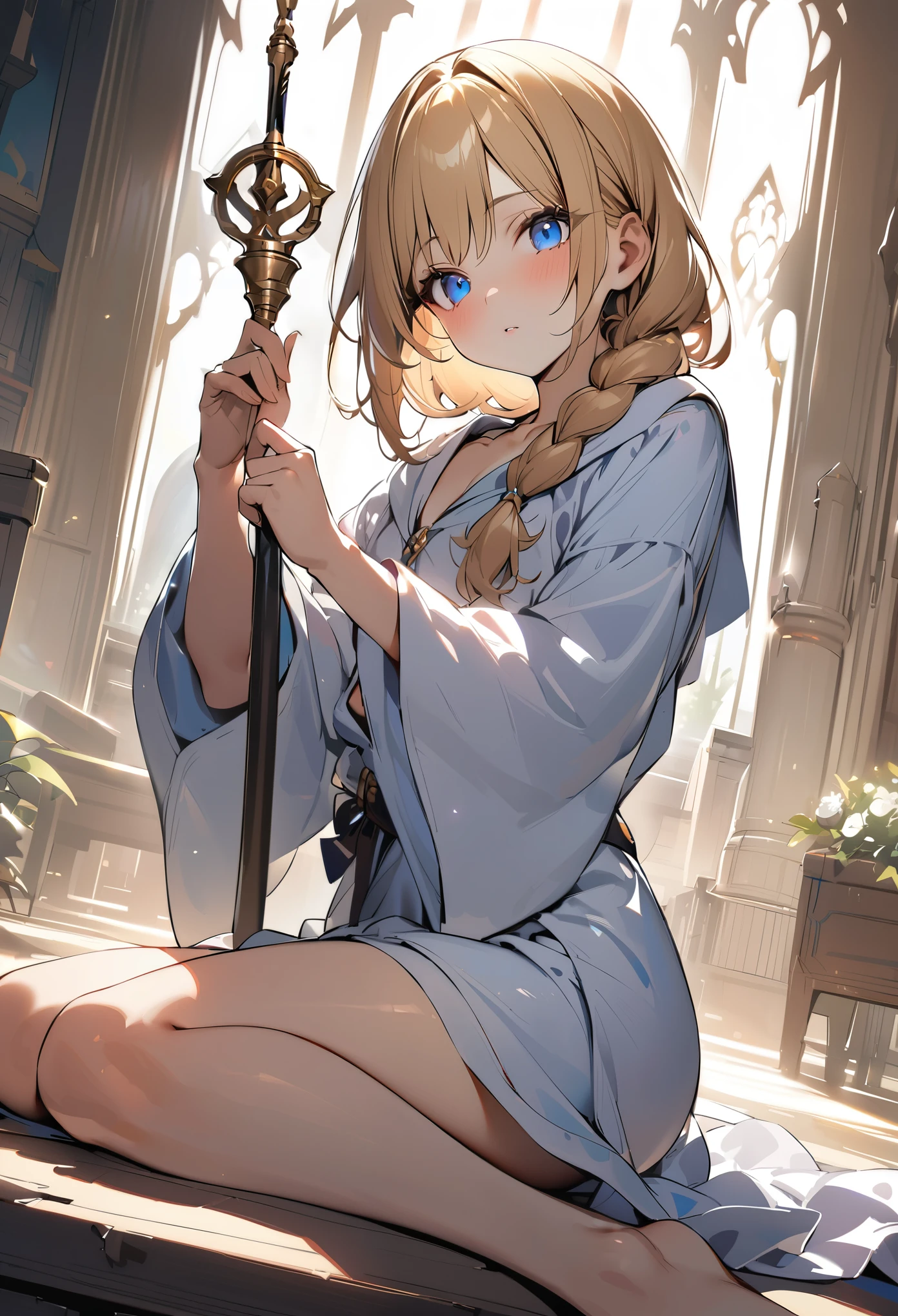1boy, trap, blonde hair, long single back-length braid, blue eyes, flat chest, somewhat short person, white robes, bare legs, extremely girly boy, clutching golden staff, church background, textured skin, UHD, UHD, UHD, UHD, award winning, high details, incredible high-key lighting and shadows, masterpiece, incredible illustration