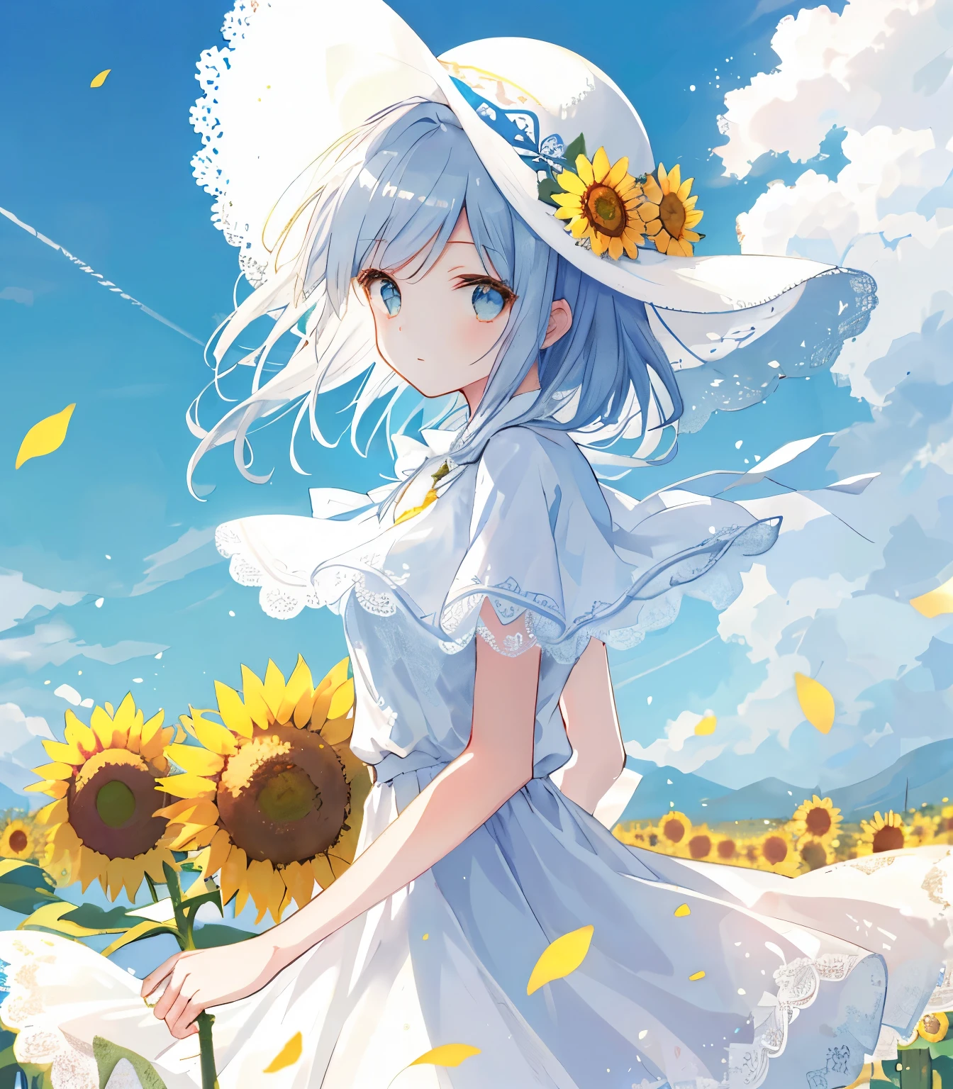 send,1 girl,alone, (White lace dress:1.2),flowing skirt (sun hat:1.2), sunflower fields, in the sun, faint smile,looking at the audience, wind, Dynamic, strong light and shadow,Dynamic pose,