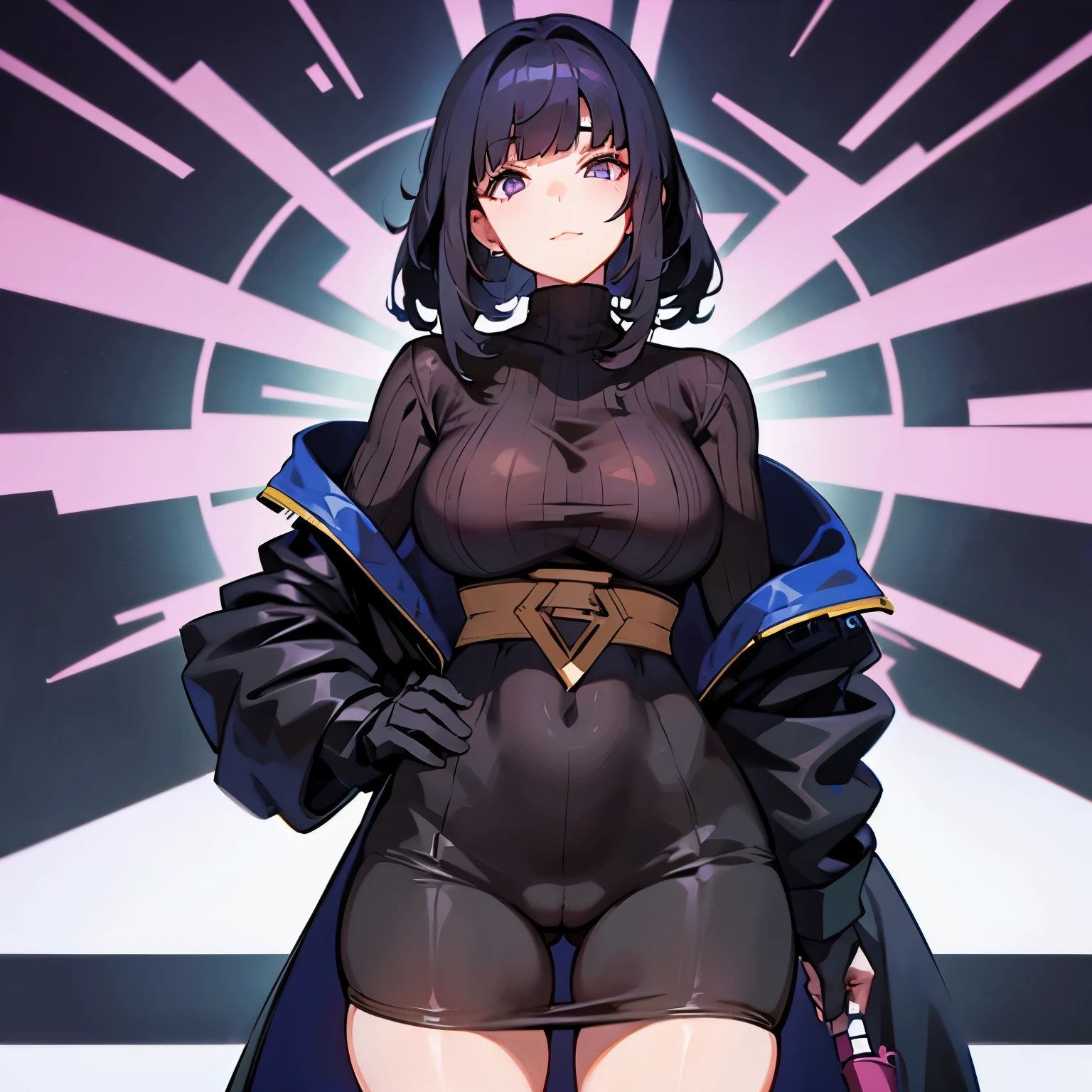 Hot anime babe, big tits, thick things, turtle neck, black hair, bangs, wavy hair, sucking dick, getting fucked behind