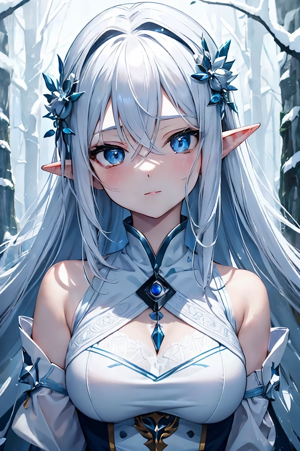 (best quality,ultra-detailed,highres,masterpiece:1.2),careful with hand,beautiful anime girl with white hair and blue eyes in a snow forest, elf girl, fantasy forest, frost forest, dnd, magic, detailed digital anime art, delicate facial features,vibrant expression,lovely smile,flowing locks of hair,deep and expressive eyes,youthful appearance,porcelain skin,fair complexion,subtle blush on cheeks,graceful posture,body language expresses elegance and grace,attention to eye and lip details,