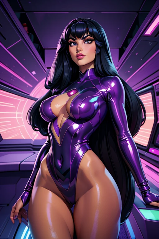 Best quality, 8K, woman retro super hero futurism, beautiful and detailed face, black straight long hair, bangs,big eyelashes,LOOKING TO observer,TRANSPARENT purple LATEX leotard, metalic details, LIGHT green pantyhose, sheer TAN gloves,sci-fi RETRO SPACESHIP scenario