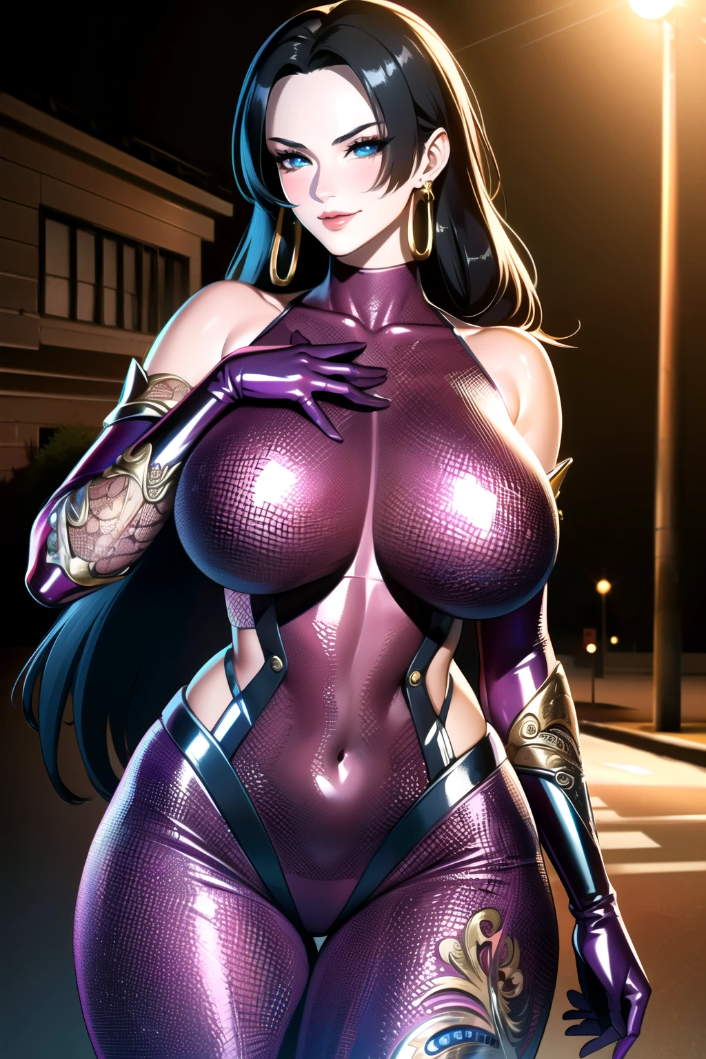 ultra realistic 8k cg, masterpiece, ((ultra detailed background, delicate pattern, intricate detail, highly detailed, fine details best quality, hyperdetailed face)), gigantic breasts ,beautiful lighting, absurdres, BoaHancockV2, 1girl, solo, black hair, long hair, jewelry, closed mouth, ), ( covered navel, bare shoulders, elbow gloves, shiny, high heels, turtleneck, sheath, fishnets, skin tight, shiny clothes, ninja, purple bodysuit, covered collarbone,, blue eyes, complex detailed background, outside, street), ((cowboy shot)), curvy, gigantic breasts, seductive smile, from behind, back view, curvy ass