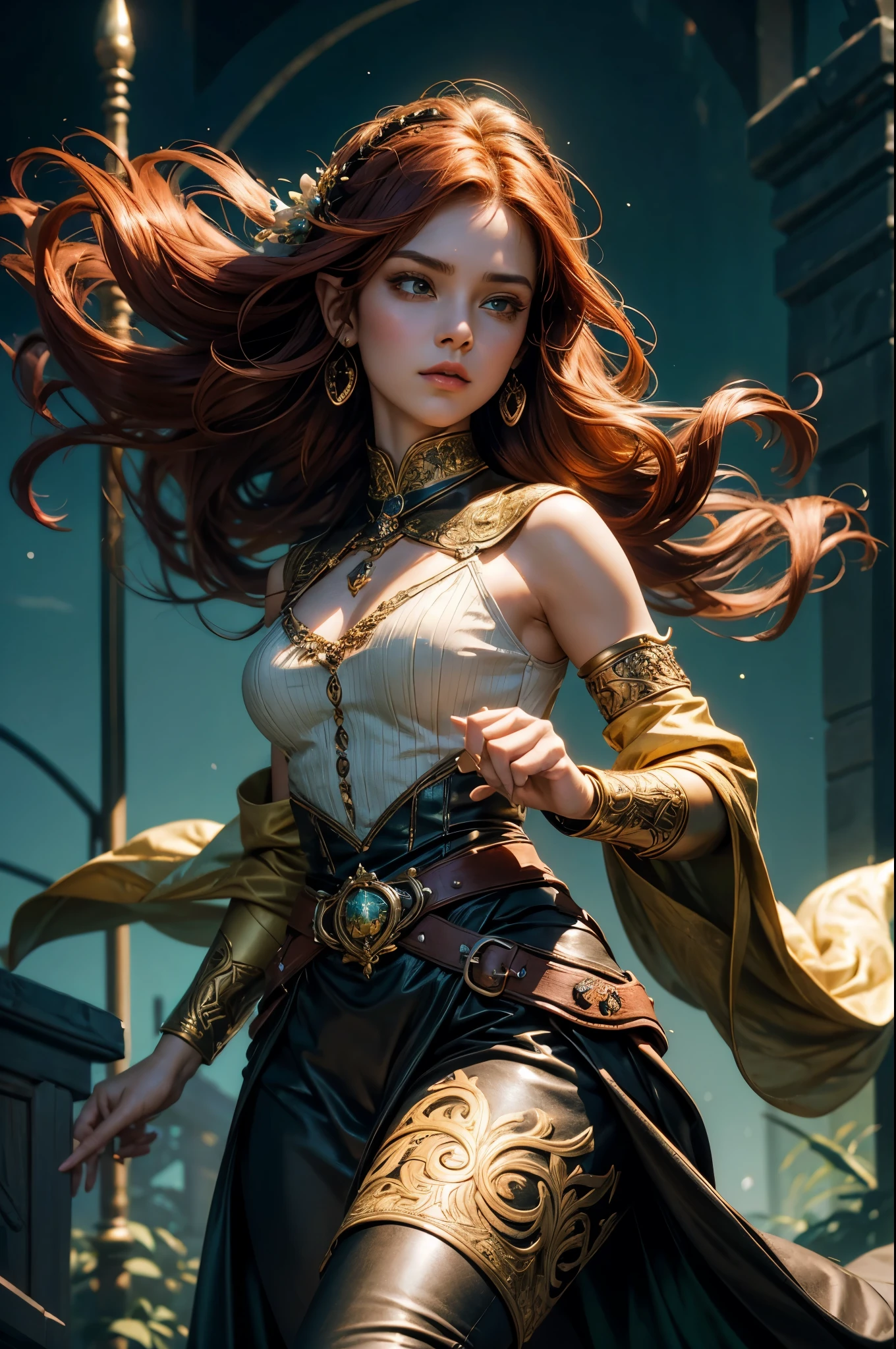Create a vivid and captivating image of a female elf bard named Lila, standing at 5'7". Picture her with a fit and athletic build, accentuated by curves in all the right places. Envision her fiery red hair flowing down to her waist in loose waves, framing delicate facial features that include prominent cheekbones, a straight nose, and full lips. Capture the sparkle of intelligence and determination in her deep green eyes.
Focus on her attire, which consists of a form-fitting leather jerkin dyed a deep shade of emerald green. Embellish it with intricate stitching and decorative metal studs, showcasing her attention to detail and love for aesthetics. Add a flowing green cloak draping over her shoulders, billowing gently behind her, fastened at her throat with a golden harp-shaped brooch.
Move downwards to depict her in tight-fitting leather leggings tucked into knee-high boots made of supple brown leather. Highlight her utility belt around her waist, featuring various pockets and loops for holding musical instruments and essential gear. Illustrate her carrying a longbow on her back, expertly crafted from yew wood with intricate carvings.
In her hand, bring to life a beautifully crafted lute made of rich mahogany and inlaid with mother-of-pearl. Depict the six strings glinting in the light as her fingers hover gracefully above, ready to pluck out a melody at a moment's notice.
Capture the confidence radiating from her posture, conveying her warrior spirit. Pay attention to a small tattoo of a treble clef adorning her left wrist, serving as a permanent reminder of her passion for music and storytelling. Ensure the image reflects the harmony between her musical talents and her determined, adventurous spirit