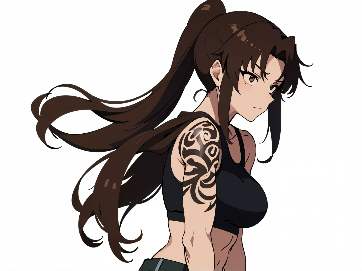 茶髪とdenim shortで立っているanime woman, long brown hair woman, brown eyed woman, ponytail, solo, anime womanがしゃがんでいる, clothing:black sports bra, big breasts, had very large breasts, denim short, muscular and strong, Tattoo on the right shoulder, female action anime girl, しゃがむかっこいいanime woman, anime womanが走っている, strong muscles, tall woman, adult sex appeal, muscular woman, anime woman, sports bra with an black, anime style characters, female focus,