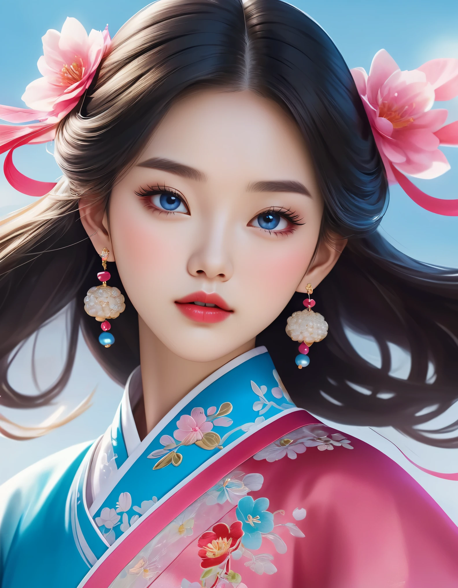 Flying veil covers beautiful Chinese girl's face, pearl earrings, long eyelashes and pink lips, close-up of face, clean face, round chin, blue eyes, blue hanbok with embroidery, white background.
Graphic Illustration, 3D Rendering, Bright colors and fine details, as illustration poster, in 2d game art style, color corrected, HD, 32K ,niji