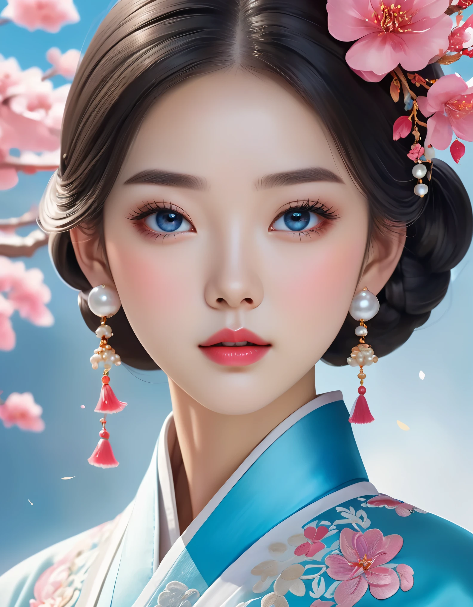 Flying veil covers beautiful Chinese girl's face, pearl earrings, long eyelashes and pink lips, close-up of face, clean face, round chin, blue eyes, blue hanbok with embroidery, white background.
Graphic Illustration, 3D Rendering, Bright colors and fine details, as illustration poster, in 2d game art style, color corrected, HD, 32K ,niji