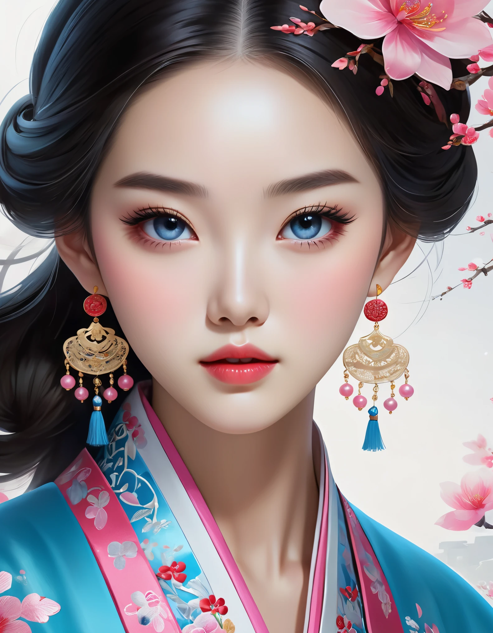 Flying veil covers beautiful Chinese girl's face, pearl earrings, long eyelashes and pink lips, close-up of face, clean face, round chin, blue eyes, blue hanbok with embroidery, white background.
Graphic Illustration, 3D Rendering, Bright colors and fine details, as illustration poster, in 2d game art style, color corrected, HD, 32K ,niji