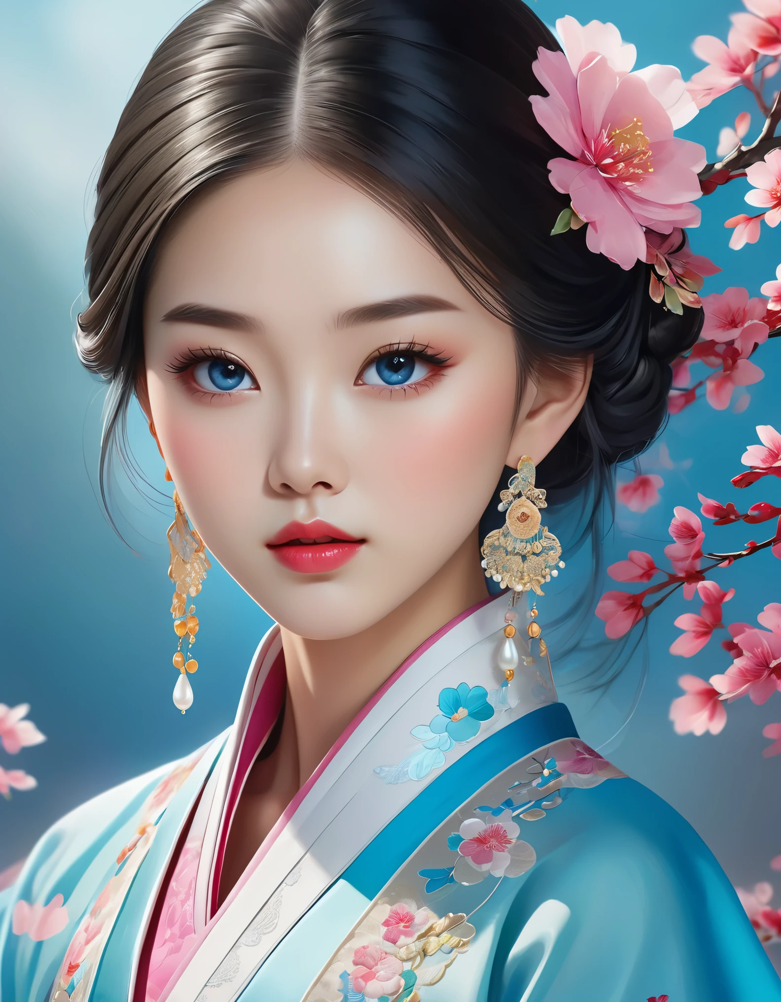 Flying veil covers beautiful Chinese girl's face, pearl earrings, long eyelashes and pink lips, close-up of face, clean face, round chin, blue eyes, blue hanbok with embroidery, white background.
Graphic Illustration, 3D Rendering, Bright colors and fine details, as illustration poster, in 2d game art style, color corrected, HD, 32K ,niji