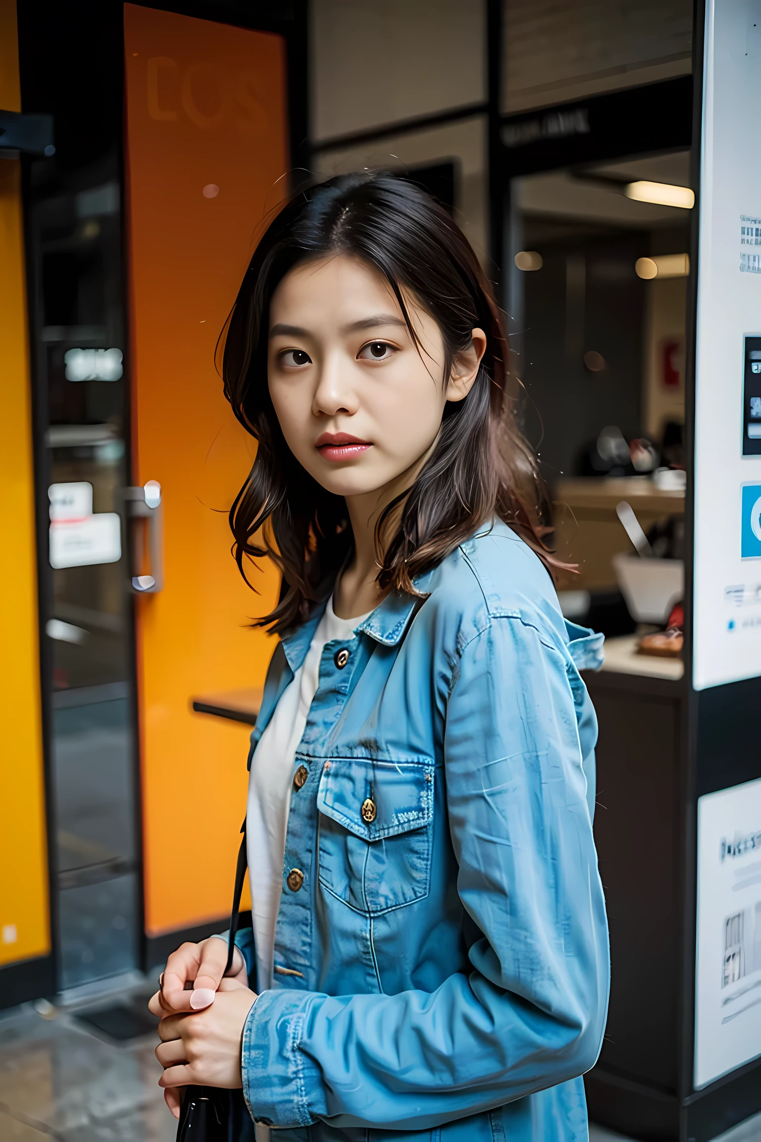 Realistic photography, beautiful young japanese woman , road