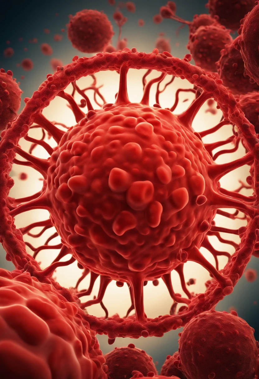 single-cell virus, robotic structure, background similar to blood fluid, observing red blood cells, platelets and leukocytes