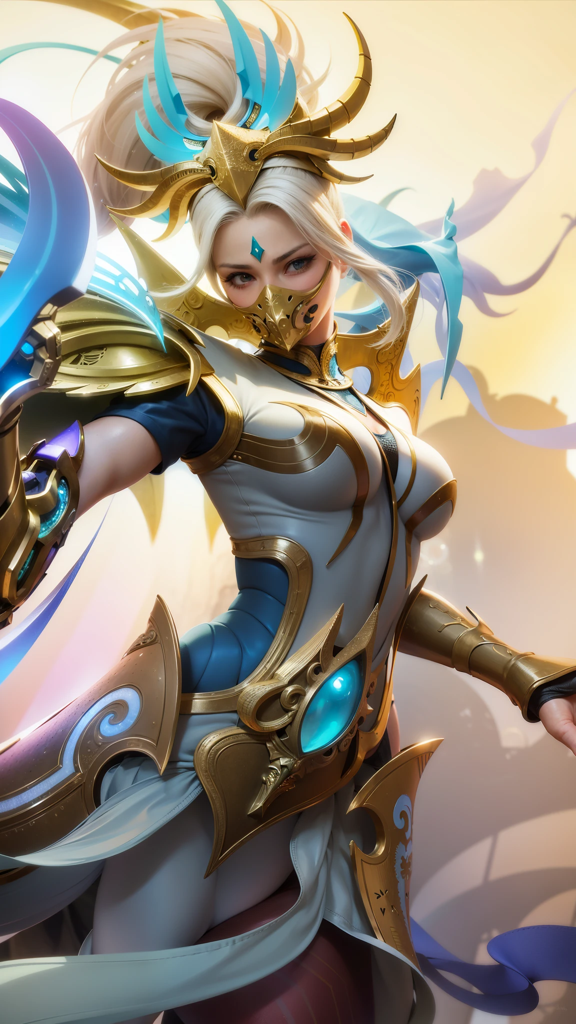 (female:1.2), 8k, ultra hd, ultra detailed texture, hyper realistic, masterpiece, detailed texture, detailed face, detailed skin, detailed lighting, (photorealistic:1.5), best quality, beautiful lighting, cinematic lighting, professional lighting, ultra highres, realistic, detailed hair, real hair, high quality, (realskin:1.5), extremely detailed, finely detail, ultra-detailed, 1girl, solo, standing, demon horns, forehead protector, green eyes, v-shapped eyebrow, make up, pretty, beautiful, long hair, white hair, high ponytail, large breasts, cleavage, armpit, navel, stomach, black armor, pauldrons, bare shoulders, shoulder armor, thigh high, sleevless, detached sleeves, breastplate, gauntlets, hanabi \(mobile legends\), depth of field, white skin, skin tight, amazing pose, outdoors, glowing, dark view, looking at viewer (wearing a mask:1.2)