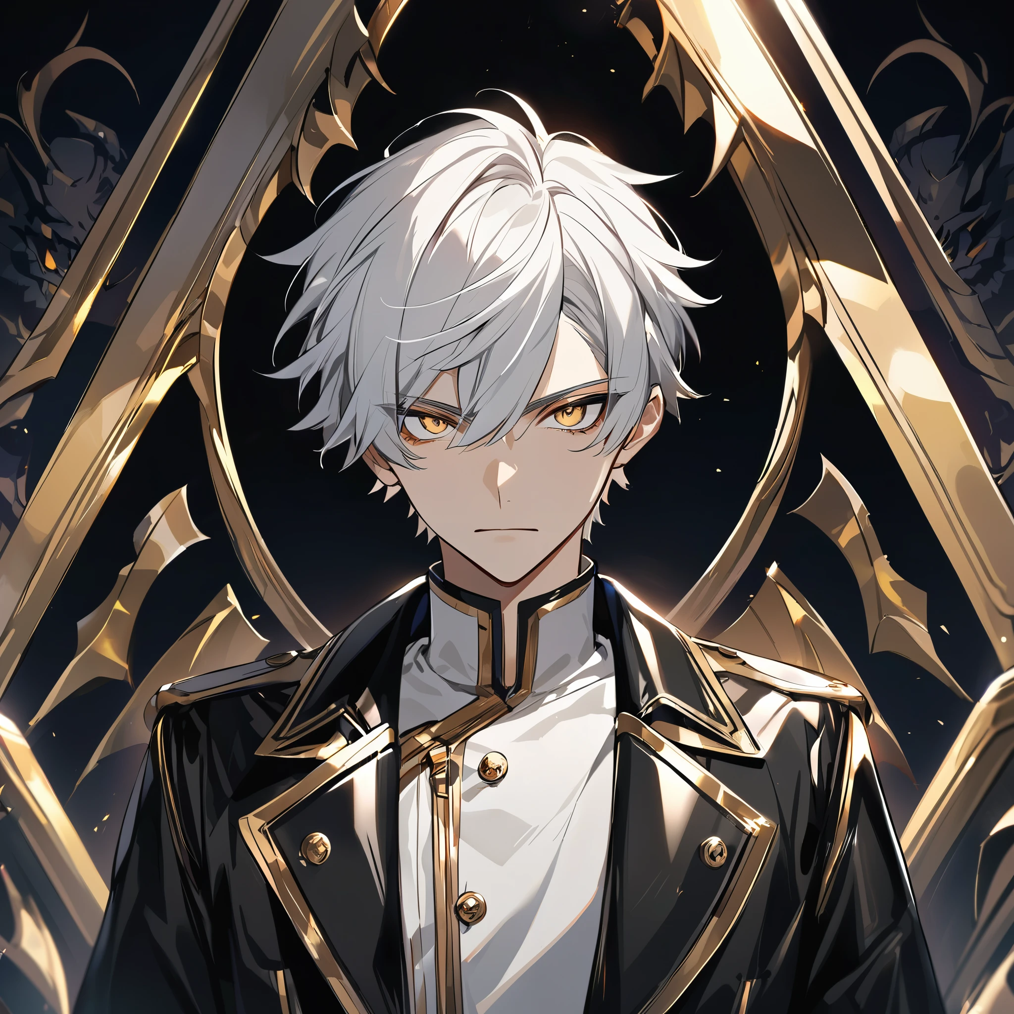 Handsome male, 1male, , teenager, golden lining, short white hair, flat cut hair, sharp eyes, gold eyes, devil may cry, close up, calm expression, stoic, black leather clothes, black jacket, black gloves, upper body, looking at viewer, cowboy shot, black dragon background