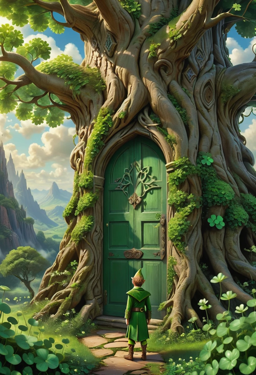 Symmetry, A colossal four-leaf clover tree stands tall, a door At the base of this magical tree, a elf peer out, admiring the breathtaking view beyond, (best quality, masterpiece, Representative work, official art, Professional, high details, Ultra intricate detailed:1.3)