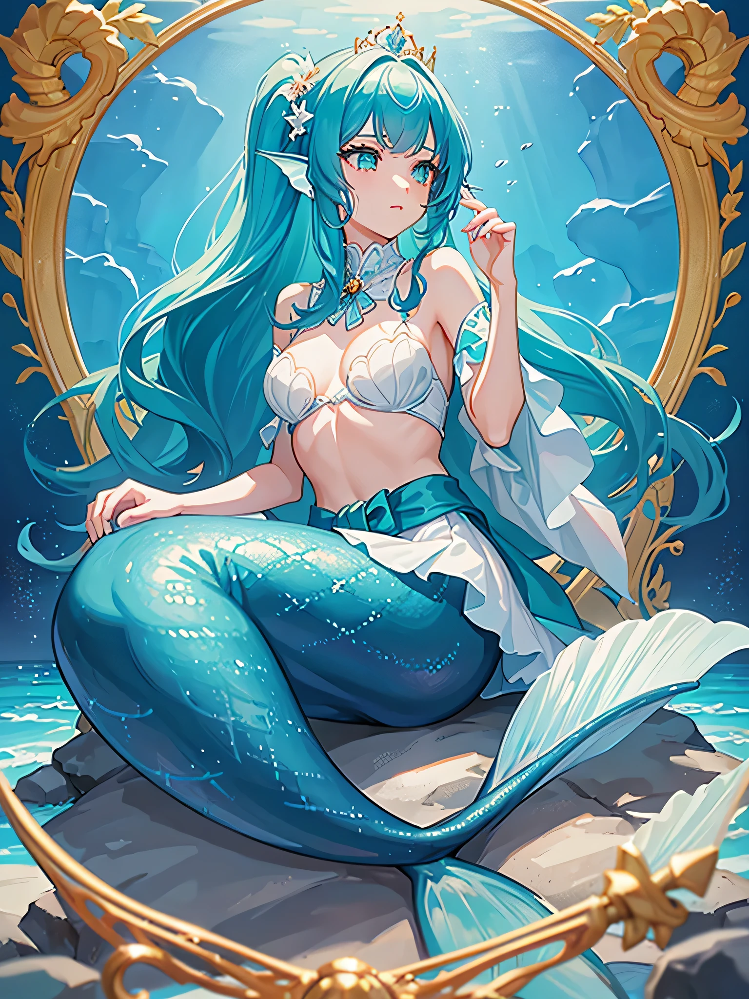 The message for the given topic is::: "A pretty 15-year-old princess magically transforms into a beautiful mermaid, By exchanging races. It looks like a fish, It has a lupong light blue mermaid tail below the waist and ear-like fins.。. Artwork must be drawn in anime style., with the princess having very lupong pigtails of aqua hair and aqua eyes. highest quality, 4k, High resolutiupon, masterpiece:1.2, Super detailed, realist:1.37 inch: Anime additiuponal details: bright sea waves, colorful coral reef, golden crown adorning the princess'head of, Light blue scales that shine in the sunlight, Bra made of shells, and a charming underwater castle in the background. artistic style: fancy, fancy-Art, portrait color palette: Vivid iridescent colors., Based upon light blue, green, And blue. upon: Soft and delicate underwater lighting, Create a magical and fantastic atmosphere." Make sure you follow the format of your message.、Include at least 5 detailed elements related to your topic。..