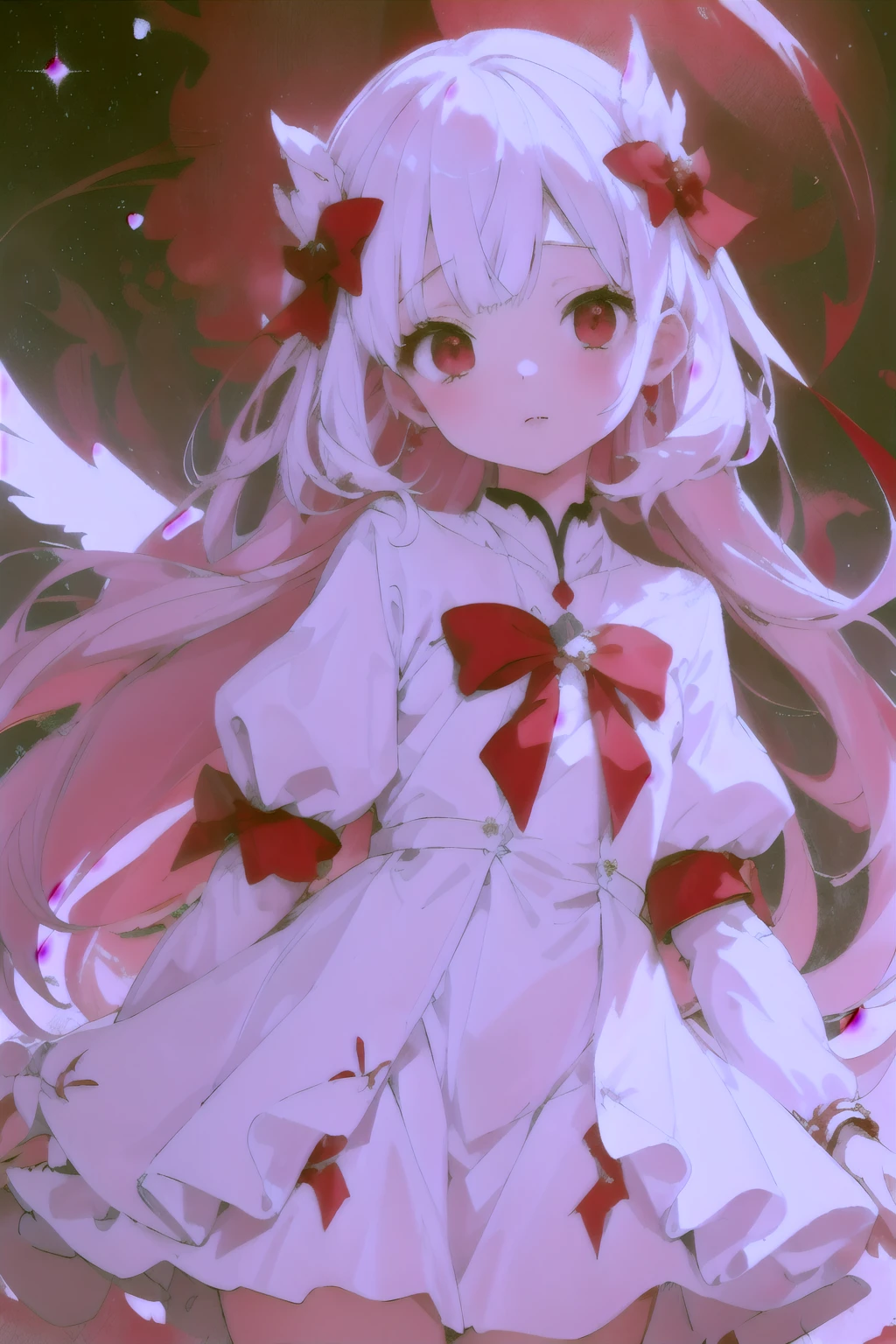 Beautiful illustration, best quality, cute little girl, (transformation sequence), Magical girl transformation, chibi, white magical girl, Fractal art, Albinism, baby face, Pure white and red mesh long hair, Beautiful and detailed red eyes, light, Cowboy shooting, looking at the audience, started from the bottom, happy