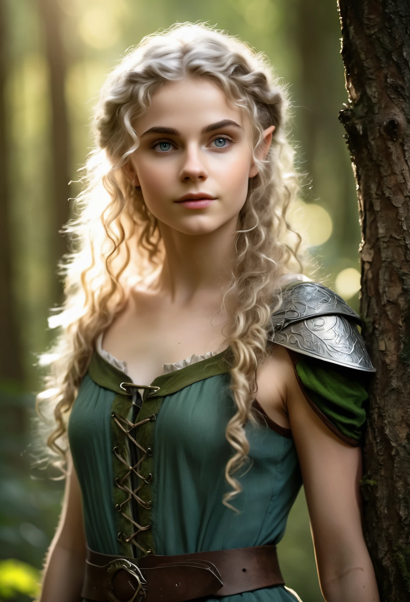 (Realistic:1.4), 18 years old elf ranger in the forest, pale curly disheveled hair, delicate features of a thin face, cute sexy, perfect full body, Fantasy style, 8K, proffesional photography, Hi-Def, lifelike skin, Without cosmetics, background of the Middle Ages, The sun shines its rays through the treetops, bokeh