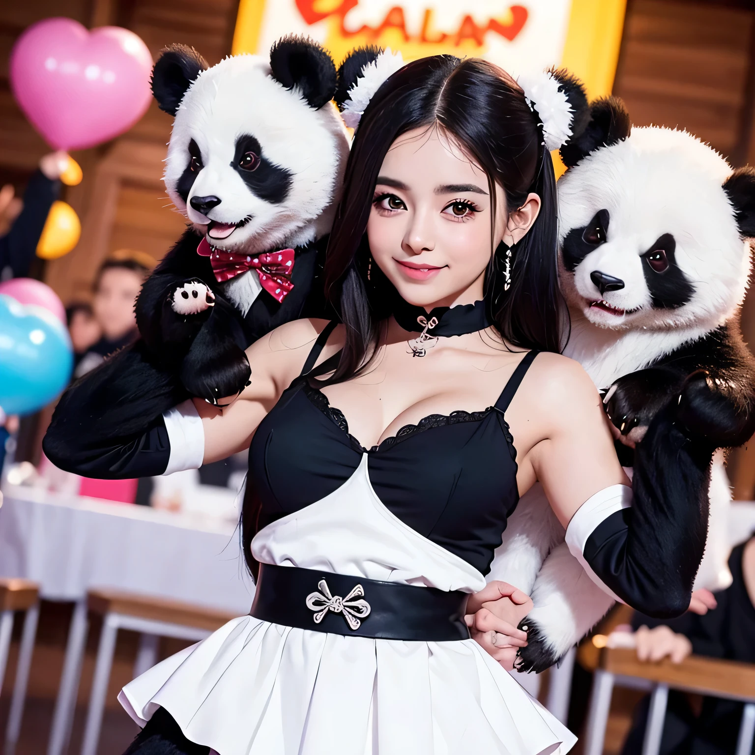 panda joven, bailando, Feliz, garrras afiladas, corazones