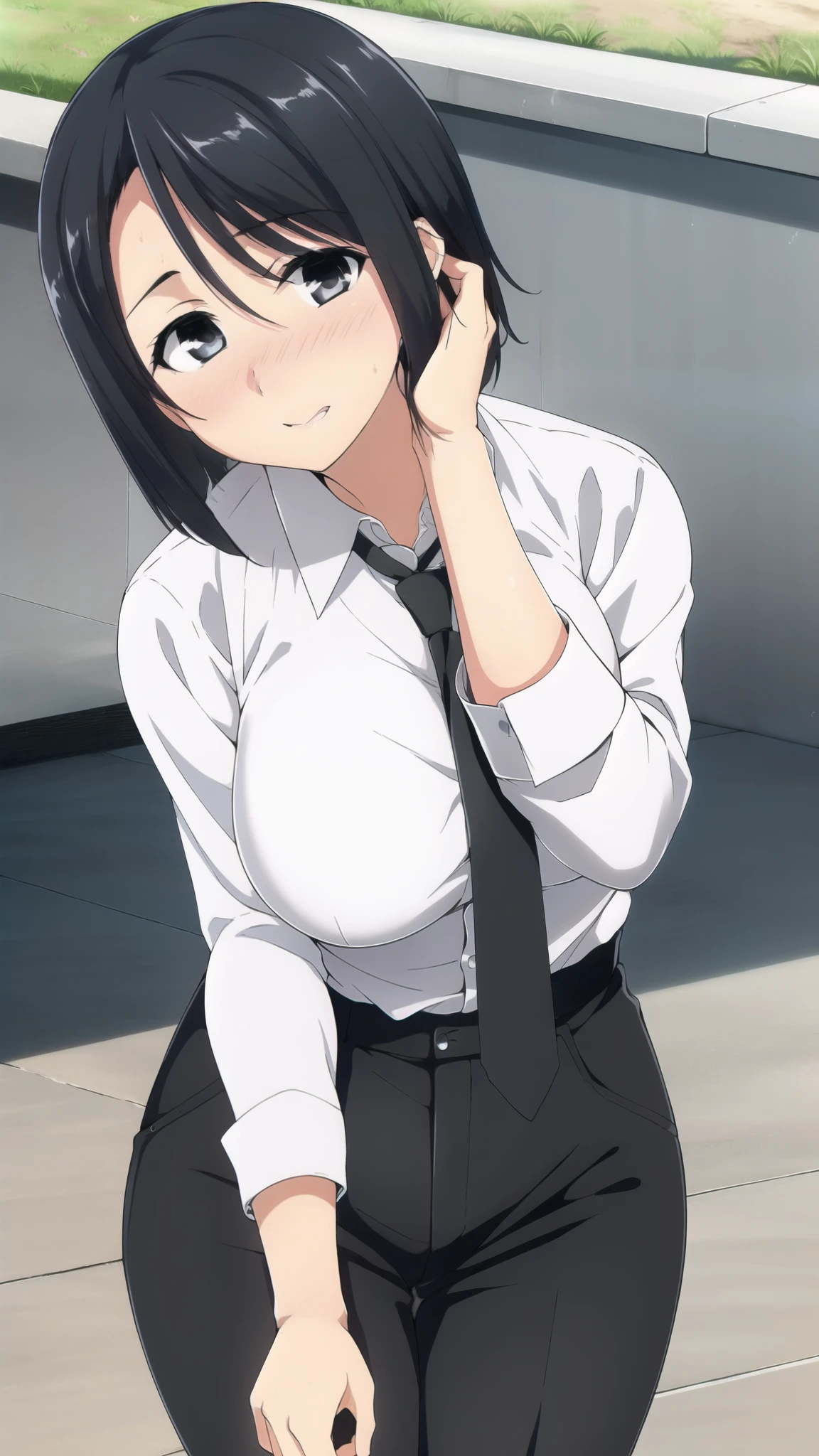 sexy body, (thick), , 1girl, standing, black hair, short hair, bangs, MAKIMA, ((white shirt)), long sleeves, necktie, stare, shy, blush, , black eyes, black necktie, hands over head, cowboy shot, huge breasts, outdoors, black pant, (MAaster piece: 1.0), (best_quality: 1.0), ultra high resolution, 4K, ultra detailed, photography, 8K, HDR,
