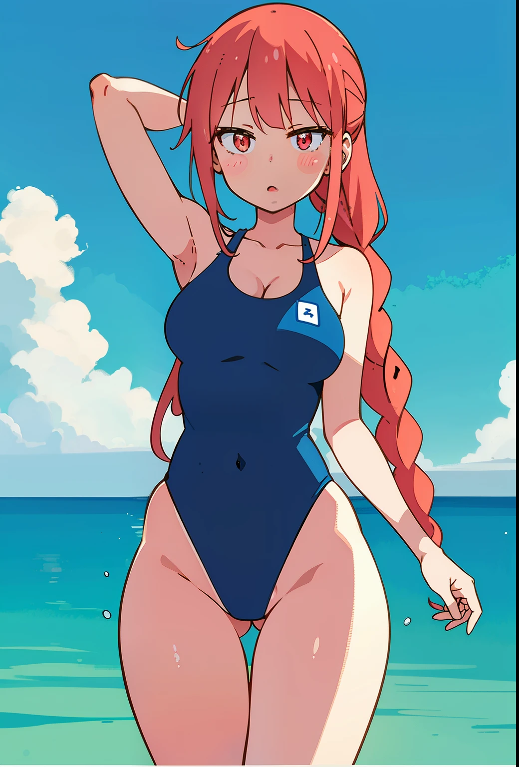 anime woman in a navyblue swimsuit on the beach waving、long red hair woman、woman with red eyes、Braid、solo、is wearing a swimsuit、ワンピースswimsuit、clothing:ハイカットswimsuit、swimsuit、girl wearing a dark blue tank suit、ワンピースswimsuit着用、wet swimsuit、High leg school swimwear、スクールswimsuit、high leg school swim suit、(anime woman)、on the beach、学校のswimsuit、sexy woman wearing tank suit、日本の学生用swimsuit、beautiful anime woman、cool woman wearing school swimsuit、 cool anime woman、tall woman、high school girl、big breasts、woman with very large breasts、adult sex appeal、cleavage、Bewitching atmosphere、in the sea、pretty anime girl、anime moe art style、Smooth anime CG art、Also、anime best girl、Gapumoe yandere、naughty anime style、!!full body portrait!!、beautiful charming anime 、