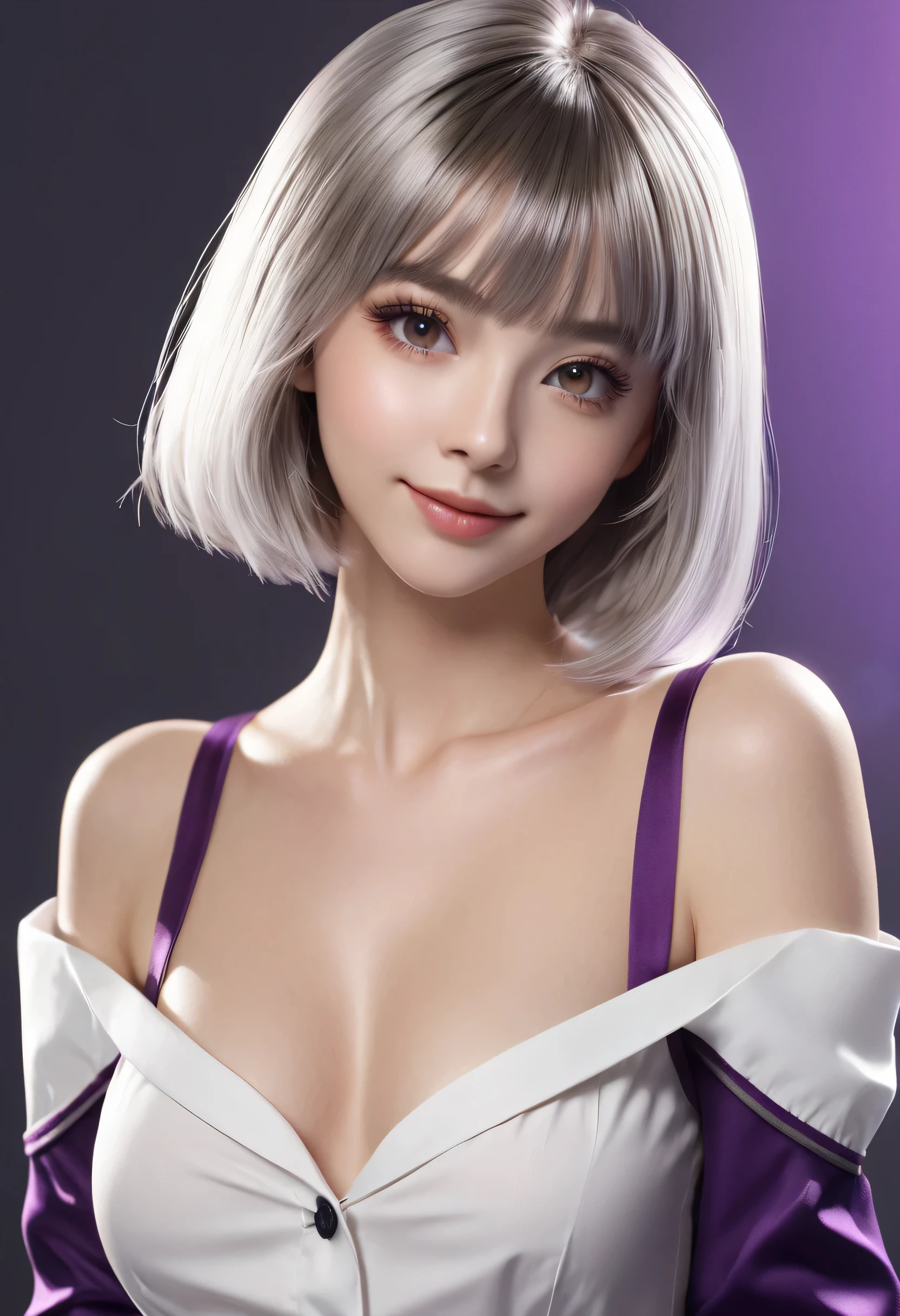 1girl,beautiful vintage color, instagram (photorealistic, high resolution:1.4), ((puffy eyes)), looking at viewer, , full body (8k, RAW photo, best quality, masterpiece:1.2), (realistic, photo-realistic:1.37),(sharp focus:1.2), professional lighting, photon mapping, radiosity, physically-based rendering, (pale skin:1.2),(small breasts:1.2), looking at viewer, (middle hair:1.5), portrait, purple eyes, (sliver hair:1.1),bangs, (simple background:1.4), solo, upper body, realistic,(masterpiece:1.4),(best quality:1.4),(shiny skin),fashi-girl,makeup,smile(skinny,closed mouth,shy :1.3) ,(standing,black Stewardess uniform,Necromancer:1.1),medium bust,sexy pose