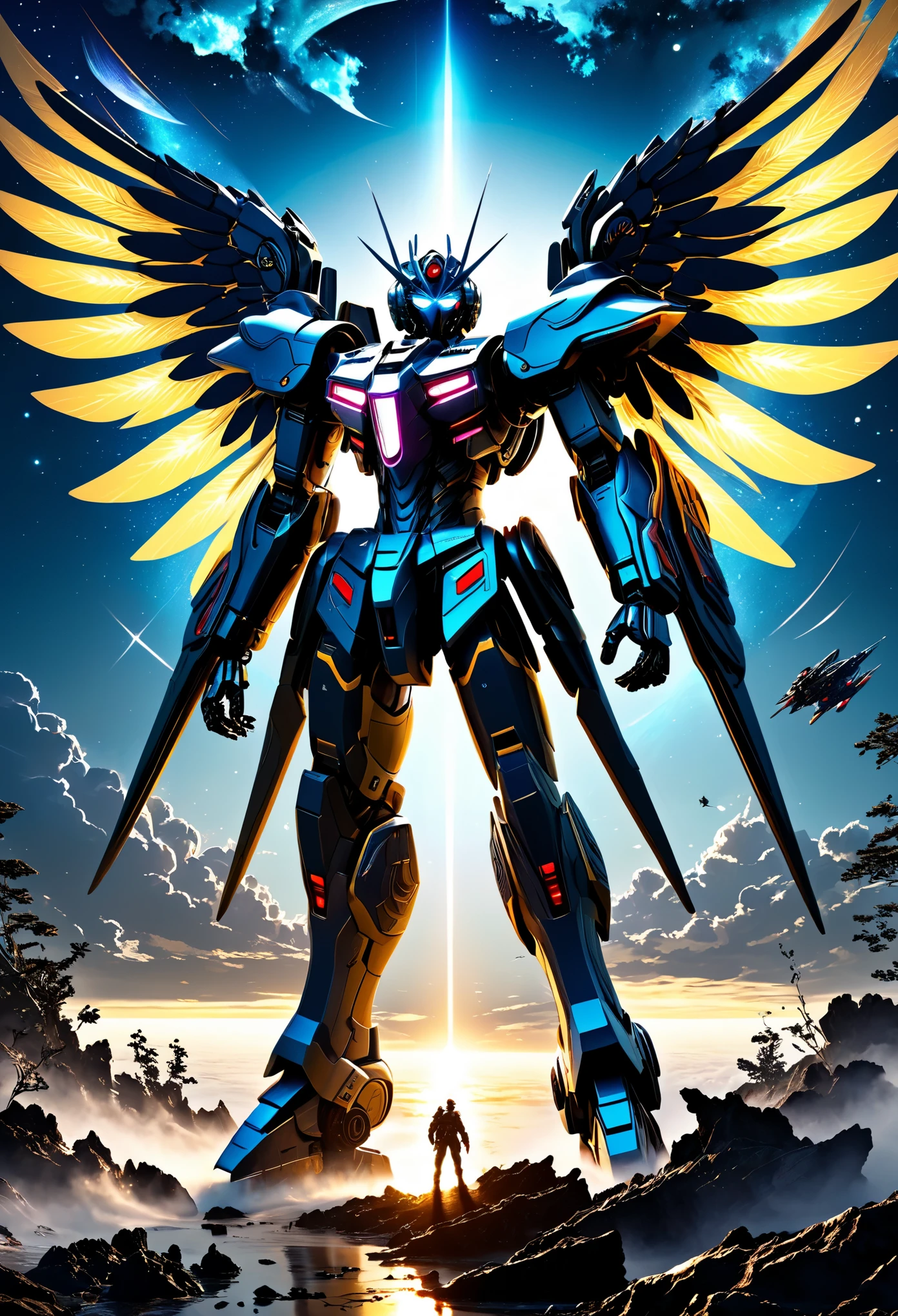 (masterpiece, highest quality:1.3),very detailed, Complex, 8k, HDR, wallpaper, cinematic lighting, (universe),(with a radio cassette:1.3), Wrapper Style、Shining eyes, Mecha, big wings,