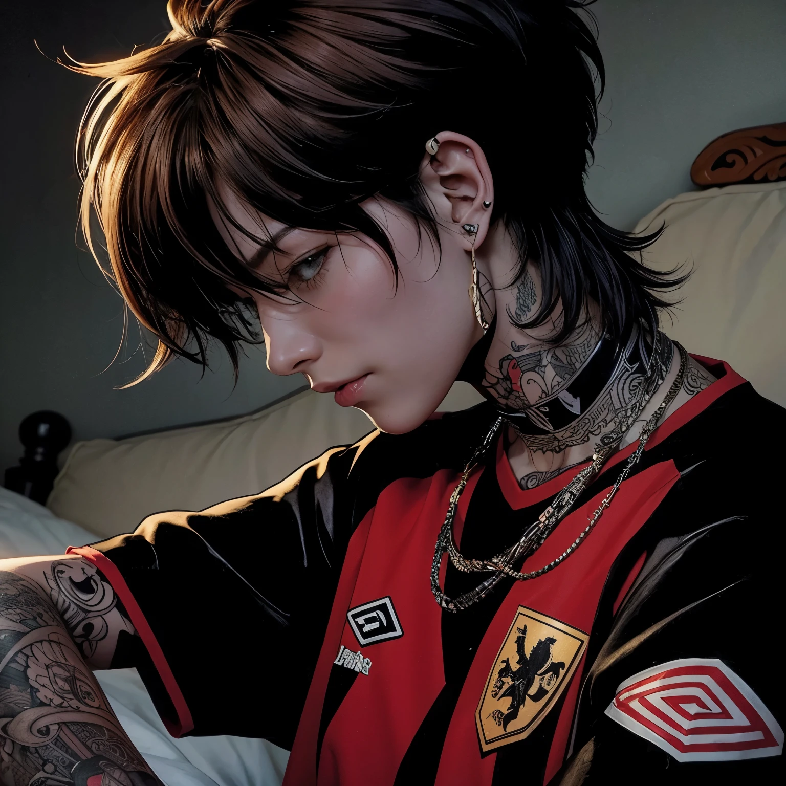a close-up of a person with tattoos on their arm, manhwa, shigenori soejima illustration, style of masami kurumada, realista, beautiful Japanese devil, arte oficial, (((alta qualidade)))