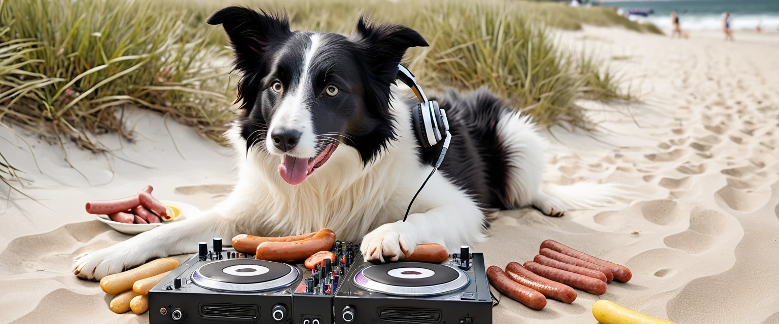 Border collie as DJ at rave party, Seamus, progressive, prog