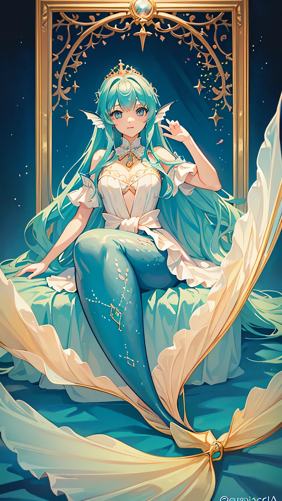 The message for the given topic is:::: "A pretty 15-year-old princess magically transforms into a beautiful mermaid, By exchanging races. It looks like a fish, It has a lOn top of thatg light blue mermaid tail below the waist and ear-like fins.。. Artwork must be drawn in anime style., with the princess having very lOn top of thatg pigtails of aqua hair and aqua eyes. highest quality, 4k, High resolutiOn top of that, masterpiece:1.2, Super detailed, realist:1.37 inch: Anime additiOn top of thatal details: bright sea waves, colorful coral reef, golden crown adorning the princess'head of, Light blue scales that shine in the sunlight, Bra made of shells, and a charming underwater castle in the background. artistic style: fancy, fancy-Art, portrait color palette: Vivid iridescent colors., Based On top of that light blue, green, And blue. On top of that: Soft and delicate underwater lighting, Create a magical and fantastic atmosphere." Make sure you follow the format of your message.、Include at least 5 detailed elements related to your topic。..