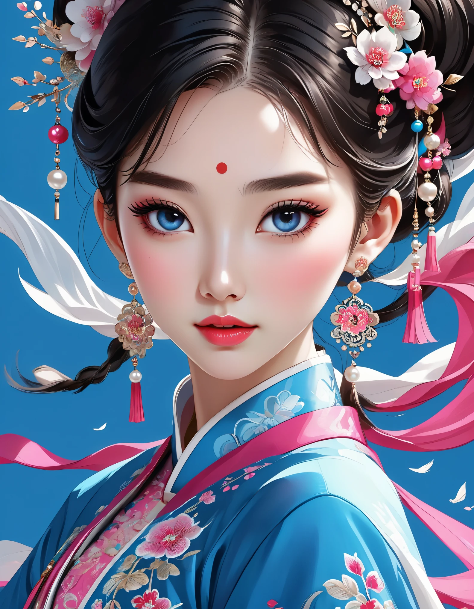 Flying veil covers beautiful Chinese girl's face, pearl earrings, long eyelashes and pink lips, close-up of face, clean face, round chin, blue eyes, blue hanbok with embroidery, white background.
Graphic Illustration, 3D Rendering, Bright colors and fine details, as illustration poster, in 2d game art style, color corrected, HD, 32K ,niji