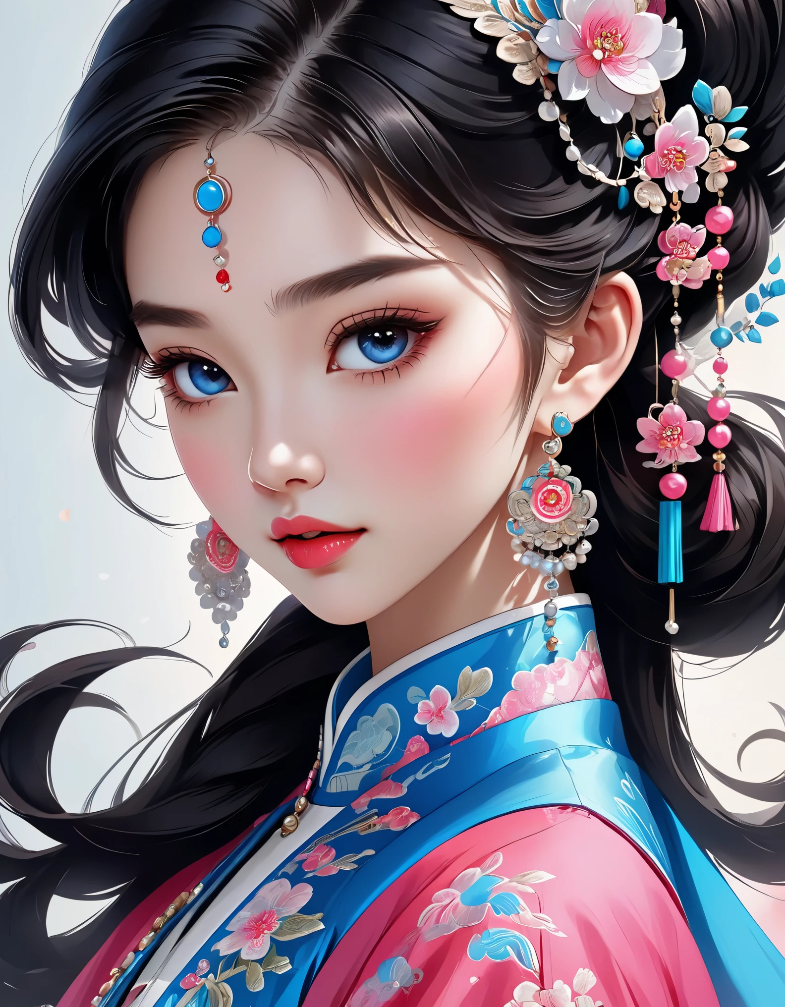 Flying veil covers beautiful Chinese girl's face, pearl earrings, long eyelashes and pink lips, close-up of face, clean face, round chin, blue eyes, blue hanbok with embroidery, white background.
Graphic Illustration, 3D Rendering, Bright colors and fine details, as illustration poster, in 2d game art style, color corrected, HD, 32K ,niji