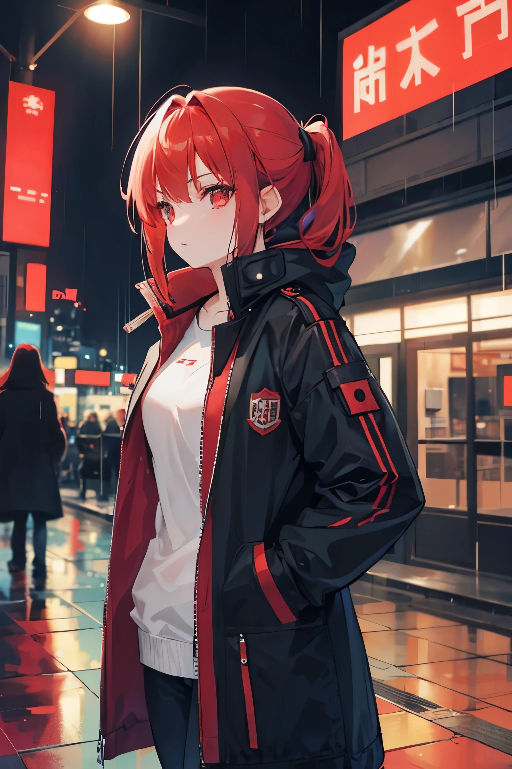 1girl, red hair, pony tail, night city, rain,coat, hands in pockets