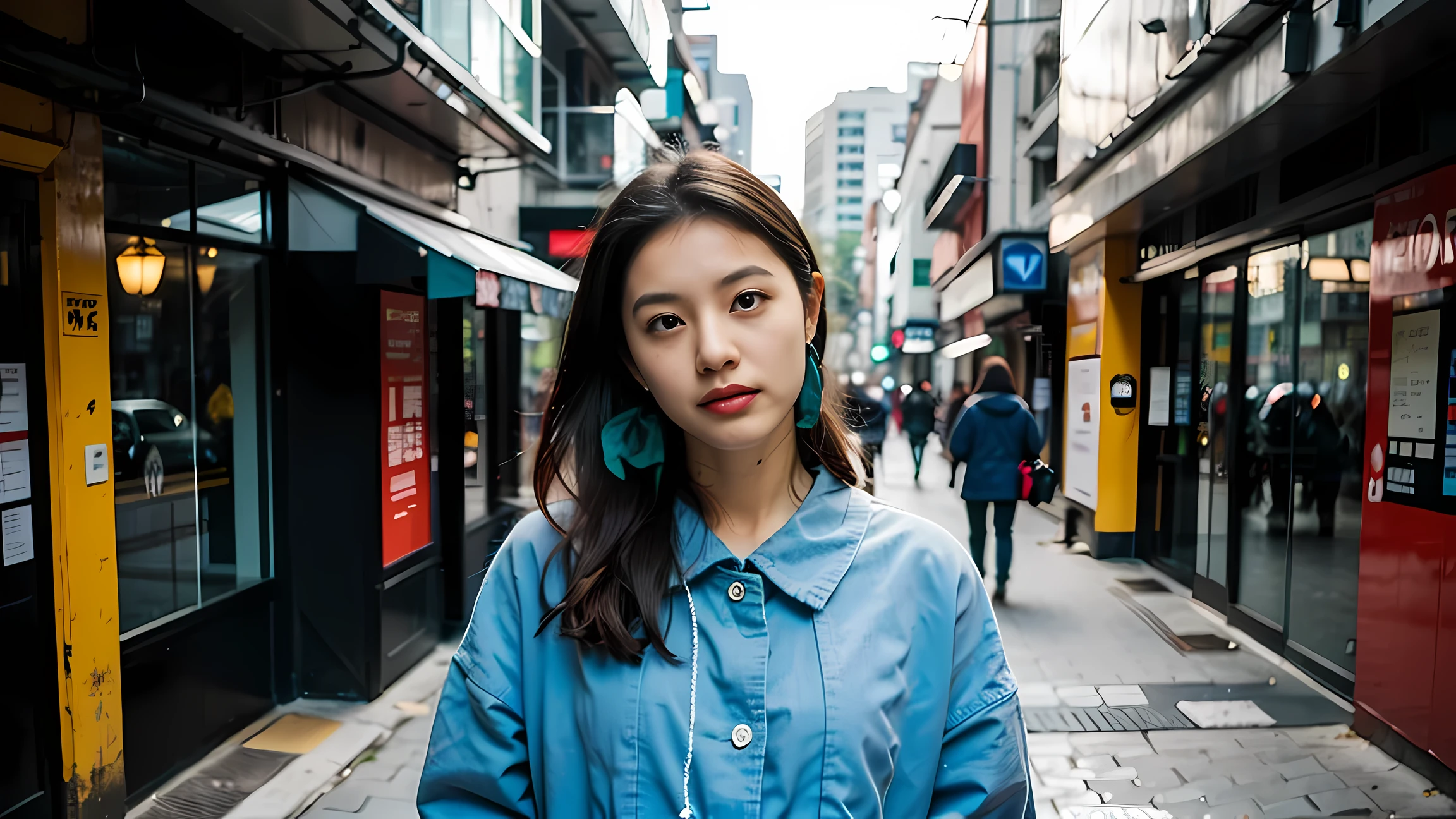 Realistic photography, beautiful young japanese woman , road