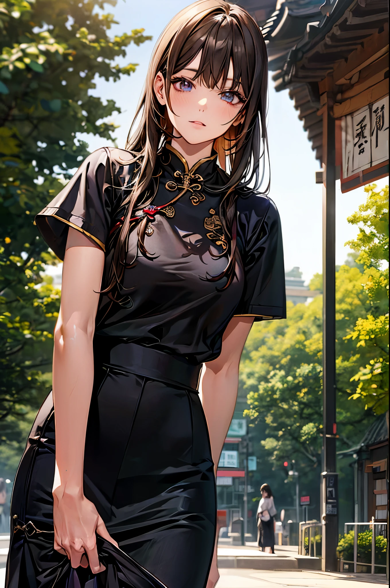 (Perfect Anatomy,top-quality、The ultra -The high-definition、hight resolution、extremely details CG、8K Unit Wallpapers),cowboy shot,portrait,1woman,solo,20 year old beauty,Japanese,((Beautiful detailed eyes)),brown eyes,shy,brown hair,long hair,bangs,((black cheongsam dresini skirt)),bustling street、street,Tokyo、natural sunlight、