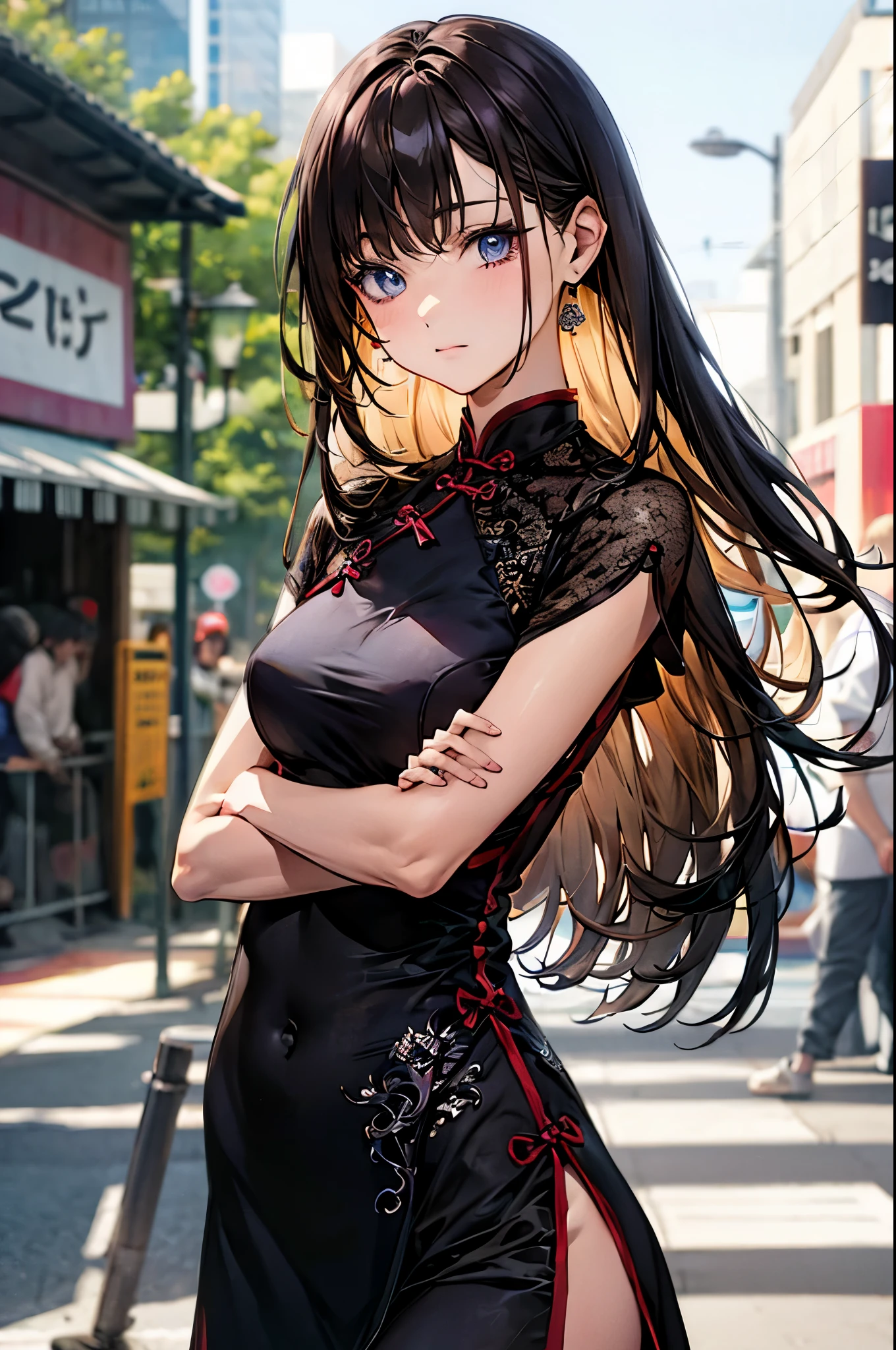 ((masterpiece,Perfect Anatomy,top-quality、The ultra -The high-definition、hight resolution、extremely details CG、8K Unit Wallpapers)),cowboy shot,portrait,1woman,solo,20 year old beauty,Japanese,((Beautiful detailed eyes)),brown eyes,shy,brown hair,long hair,bangs,(( black cheongsam dress、no sleeve、black mini skirt,deep slit)),bustling street、street,Tokyo、natural sunlight、